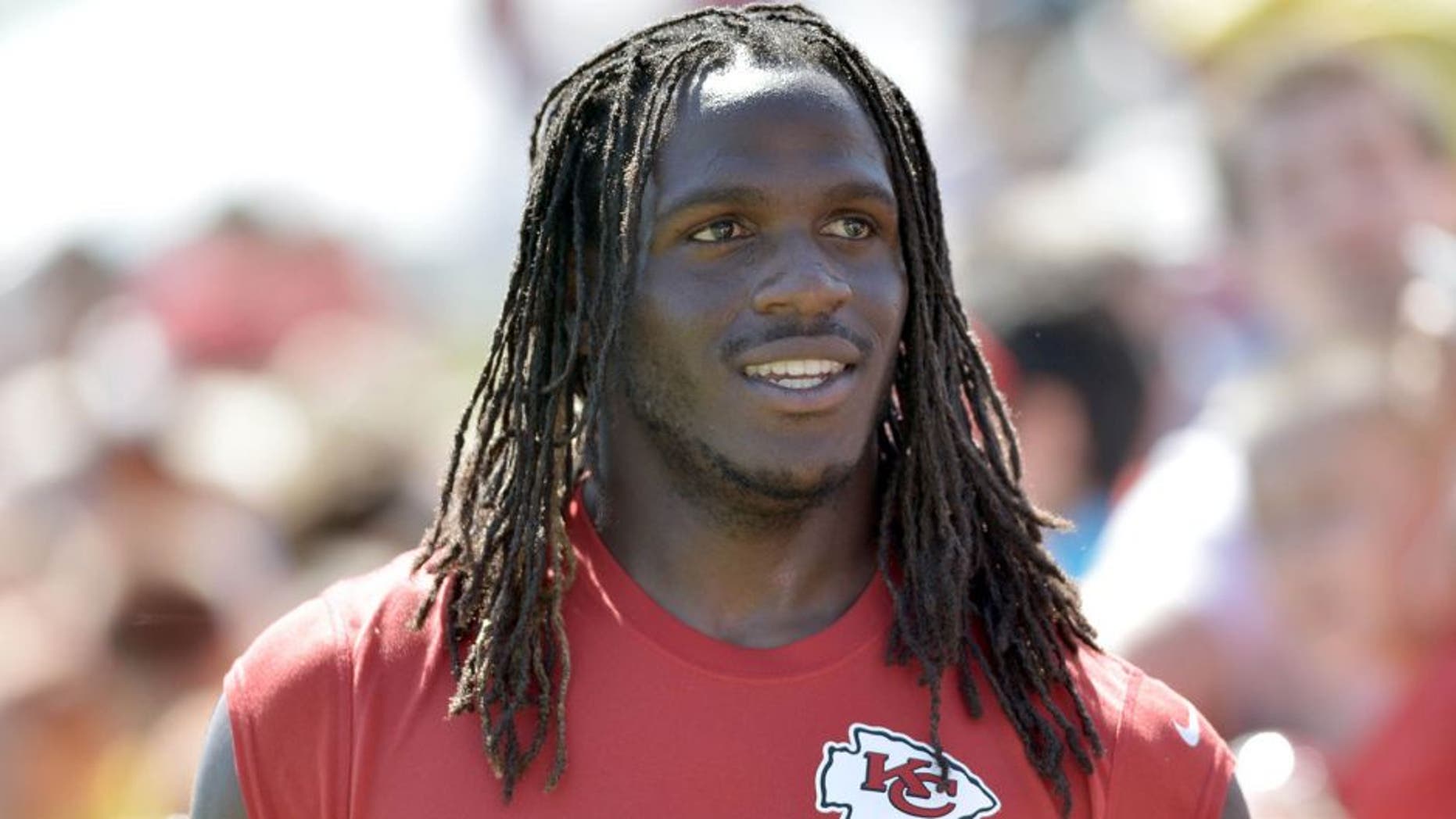 Aug 11, 2015; St. Joseph, MO, USA; Kansas City Chiefs running back Jamaal Charles (25) leaves the field after signing autographs for fans after the training camp at Missouri Western State University. Mandatory Credit: Denny Medley-USA TODAY Sports