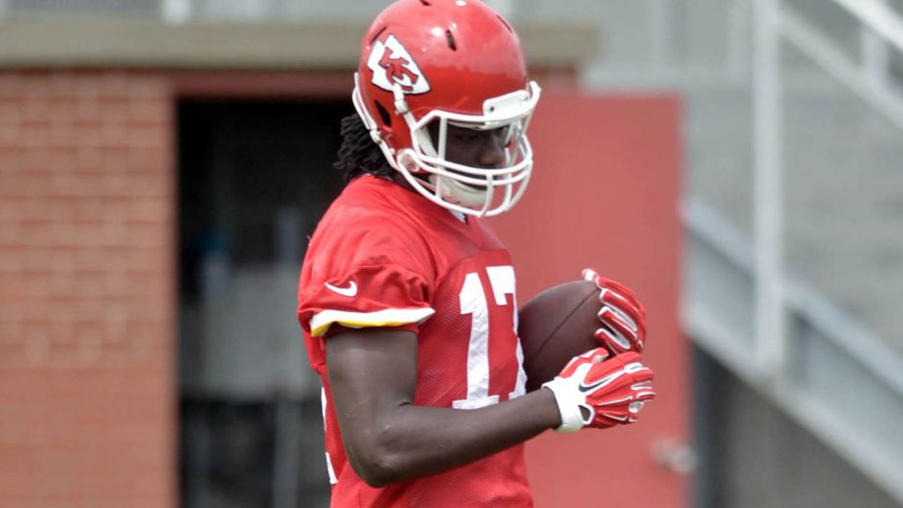 Jun 18, 2015; Kansas City, MO, USA; Kansas City Chiefs wide receiver Chris Conley (17) catches a pass during the mini camp at University of Kansas Hospital Training Complex. Mandatory Credit: Denny Medley-USA TODAY Sports