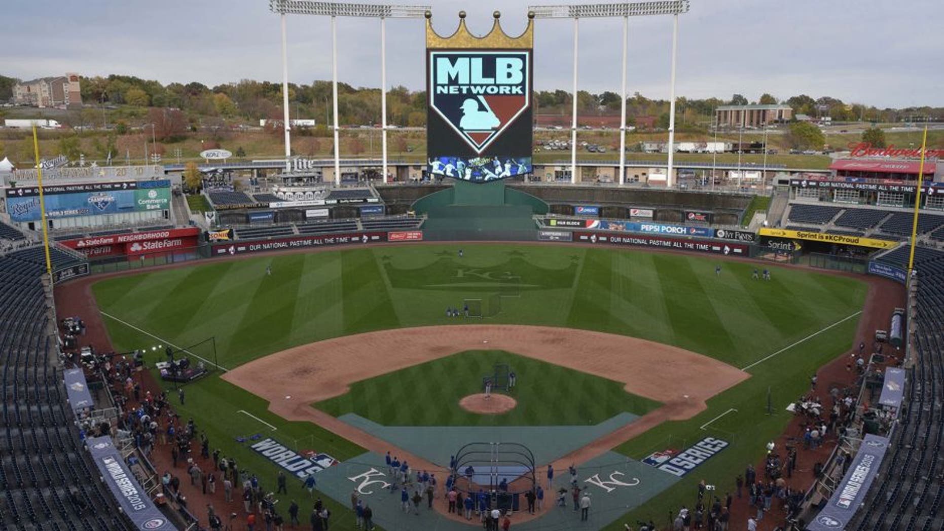 Oct 26, 2015; Kansas City, MO, USA; A general view of the stadium during the New York Mets workout the day before game one of the 2015 World Series against the Kansas City Royals at Kauffman Stadium. Mandatory Credit: Denny Medley-USA TODAY Sports