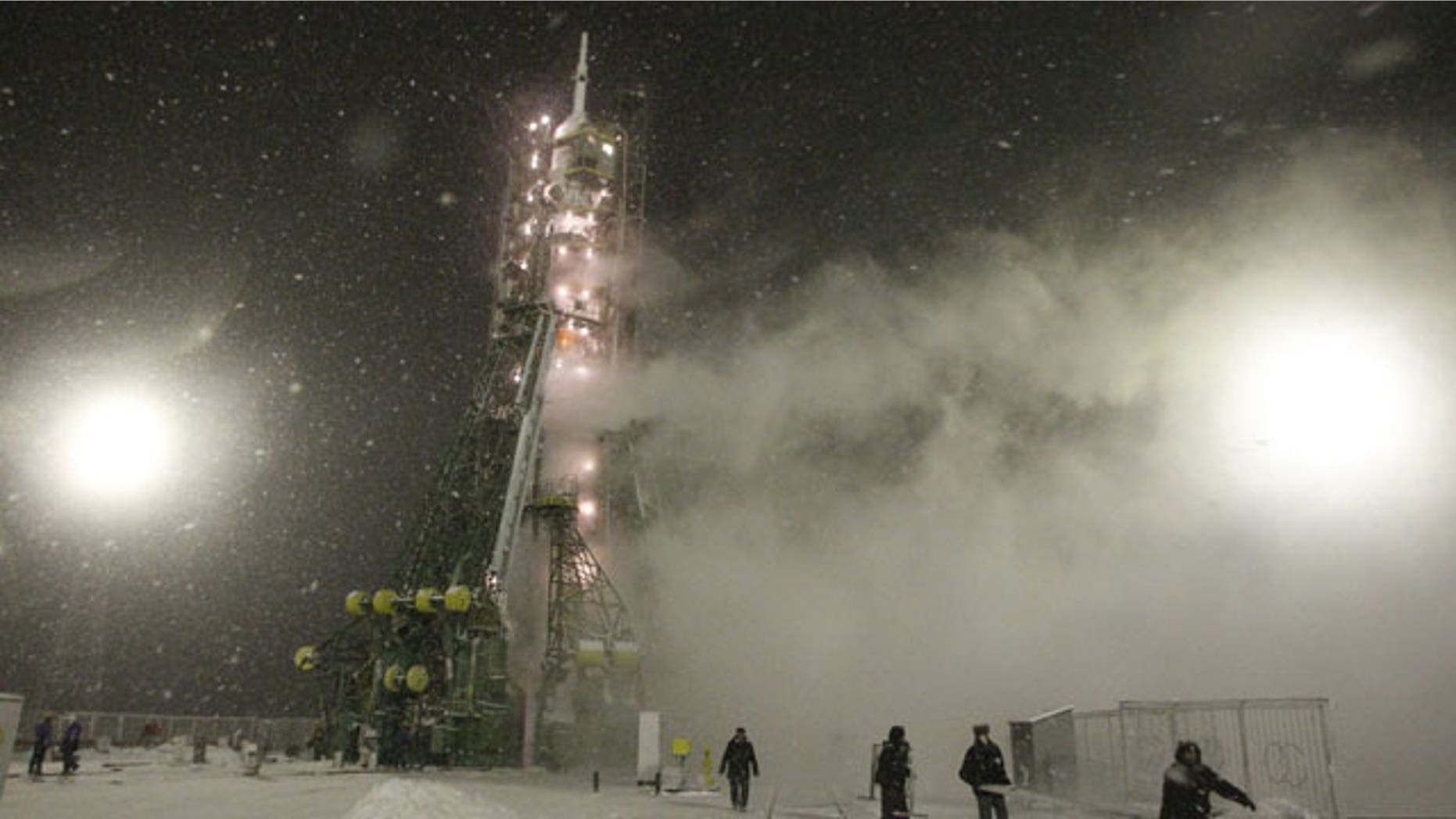 November 14, 2011: The Russian Soyuz TMA-22 space ship attached on the Soyuz-FG rocket booster is seen prior to the launch at the Russian leased Baikonur Cosmodrome in Kazakhstan.