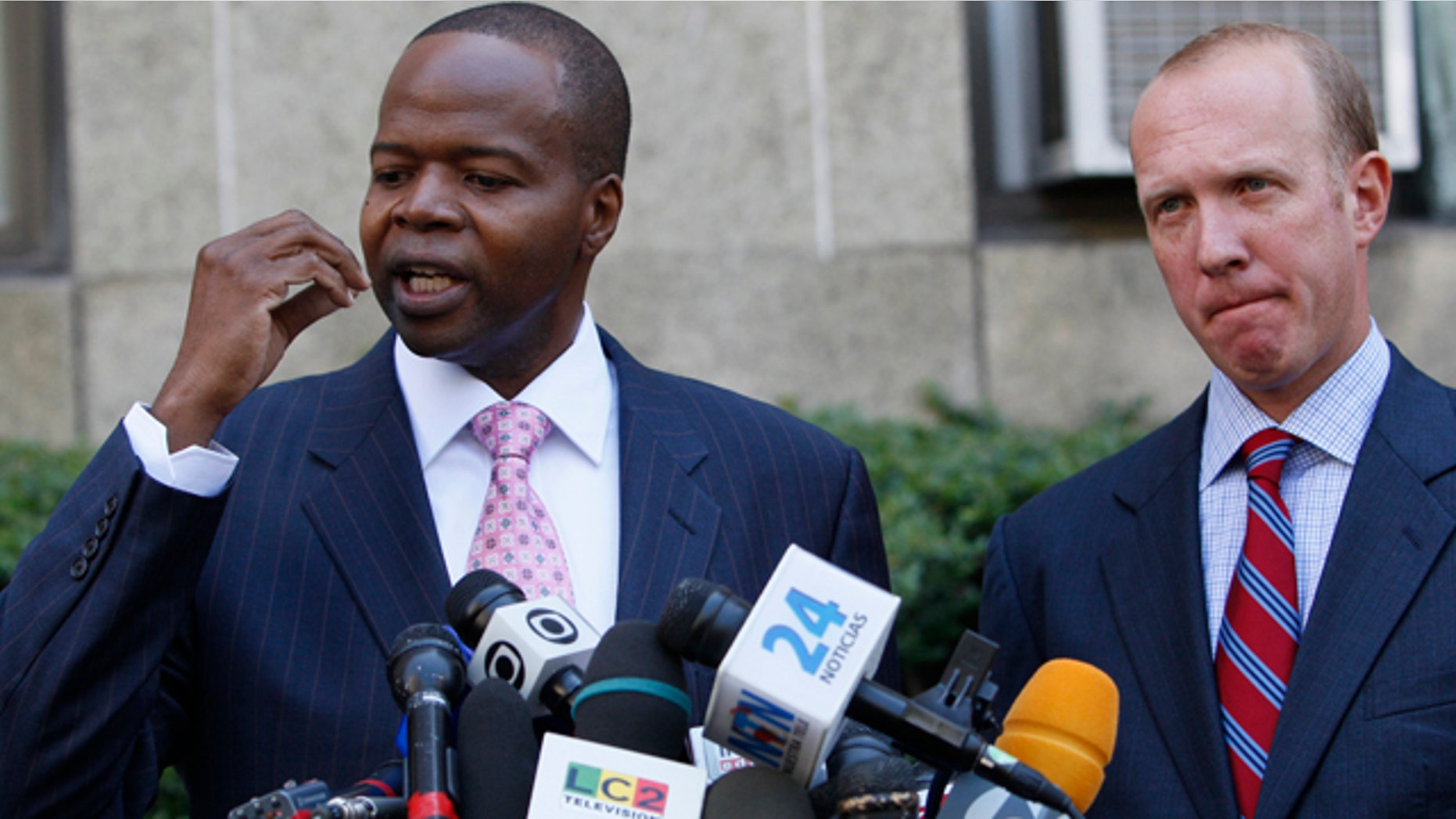 July 1: Kenneth Thompson, left, and Douglas Wigdor speak to reporters outside New York Supreme court.