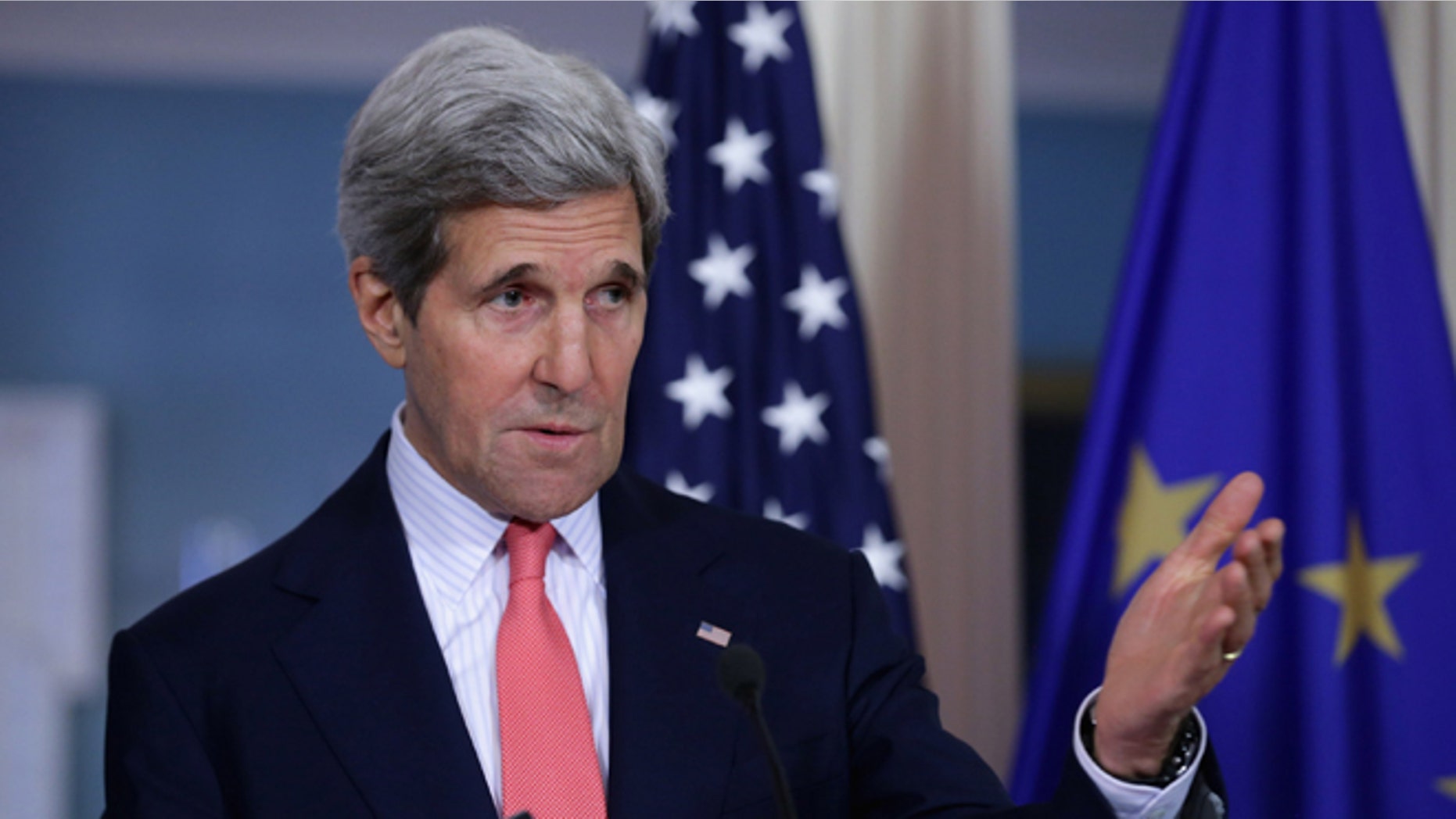 WASHINGTON, DC - MAY 06: U.S. Secretary of State John Kerry answers reporters' quesitons during a joint news conference with European Union High Representative Lady Catherine Ashton in the Treaty Room at the State Department May 6, 2014 in Washington, DC. The two leaders spoke about the ongoing conflicts in South Sudan, Syria and Ukraine. (Photo by Chip Somodevilla/Getty Images)