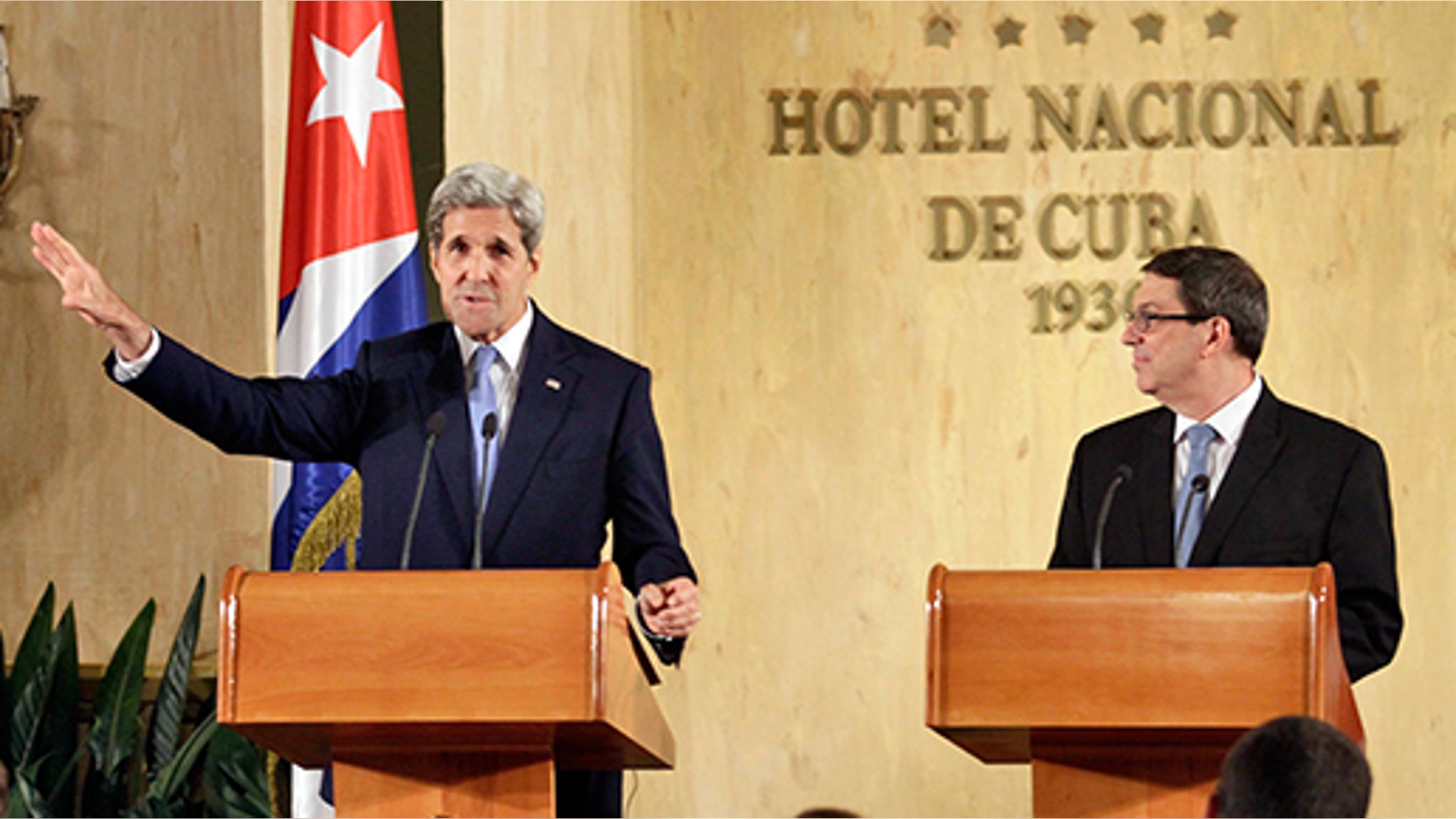 aption:HAVANA, CUBA - AUGUST 14: U.S. Secretary of State John Kerry (L) and Cuban Minister of Foreign Affairs Bruno Rodriguez Parrilla (R) give a joint press conference in the Hotel Nacional after a flag-raising ceremony at the U.S. Embassy in Cuba, on August 14, 2015 in Havana, Cuba. The first American Secretary of State to visit Cuba since 1945, Kerry presided over the flag-raising ceremony at the recently reopened U.S. Embassy, a symbolic act after the two Cold War enemies reestablished diplomatic relations in July. (Photo by Sven Creutzmann/Mambo Photo/Getty Images)