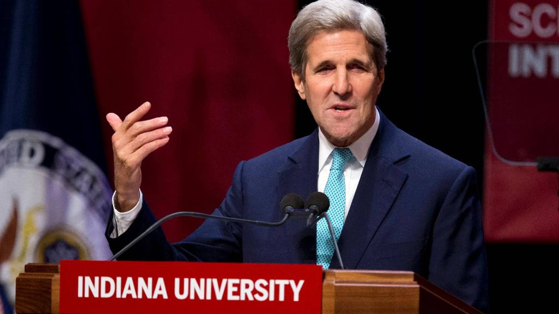 Secretary of State John Kerry talks about foreign policy priorities during a speech at Indiana University in Bloomington, Ind., Thursday, Oct. 15, 2015. Kerry spoke to mark the opening of the new building for IU's School of Global and International Studies. (AP Photo/Michael Conroy)