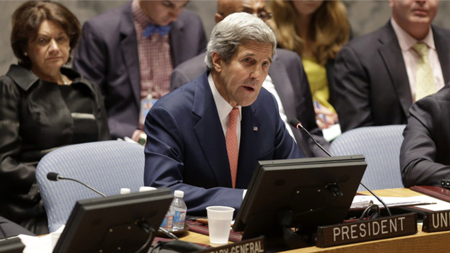 July 25, 2013: United States Secretary of State John Kerry speaks in a security council meeting at United Nations Headquarters in New York.