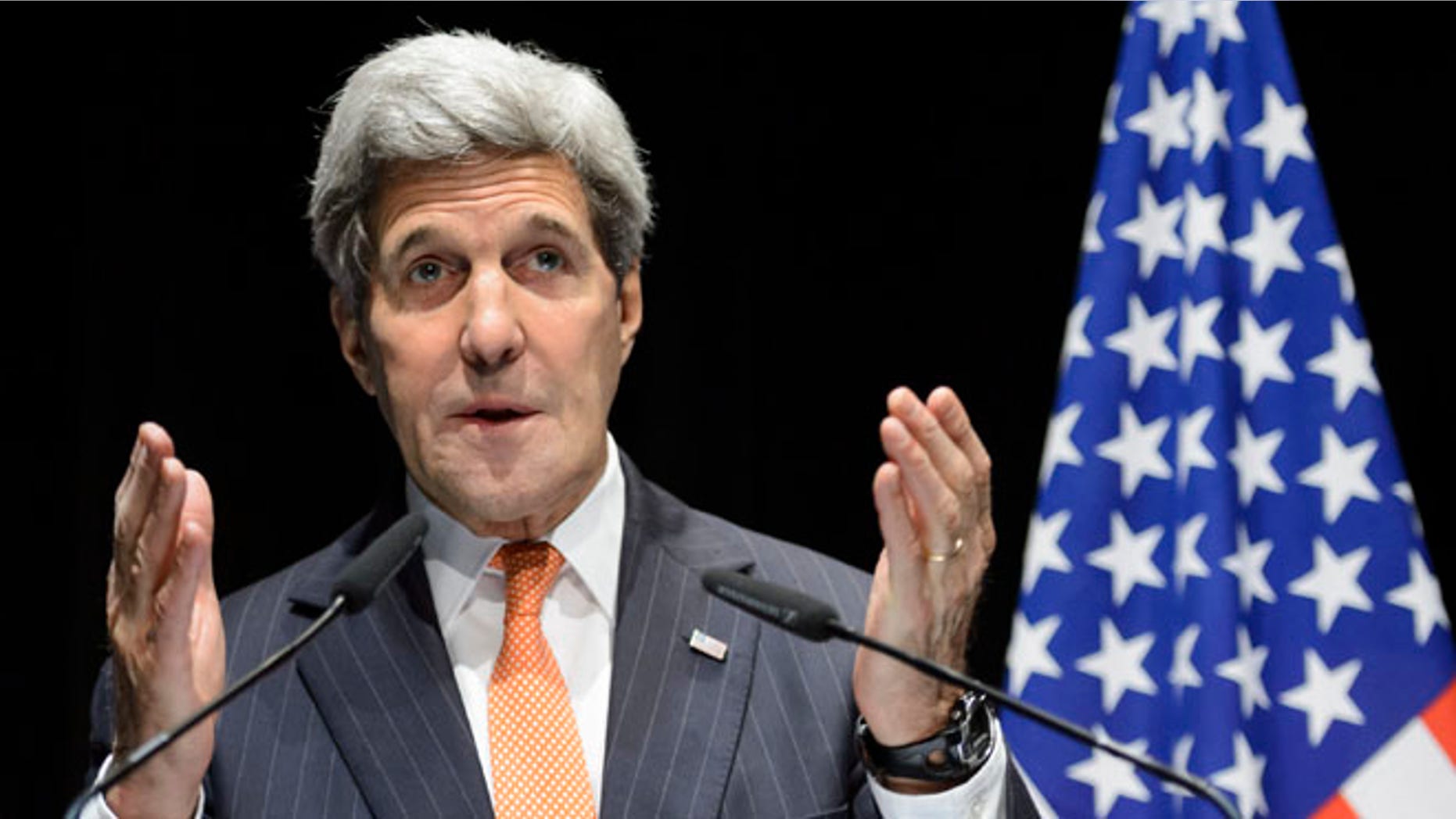 FILE: March 21, 2015: Secretary of State John Kerry at a news conference after bilateral meetings with Iranian Foreign Minister Mohammad Javad Zarif about Iran's nuclear program, in Lausanne, Switzerland.