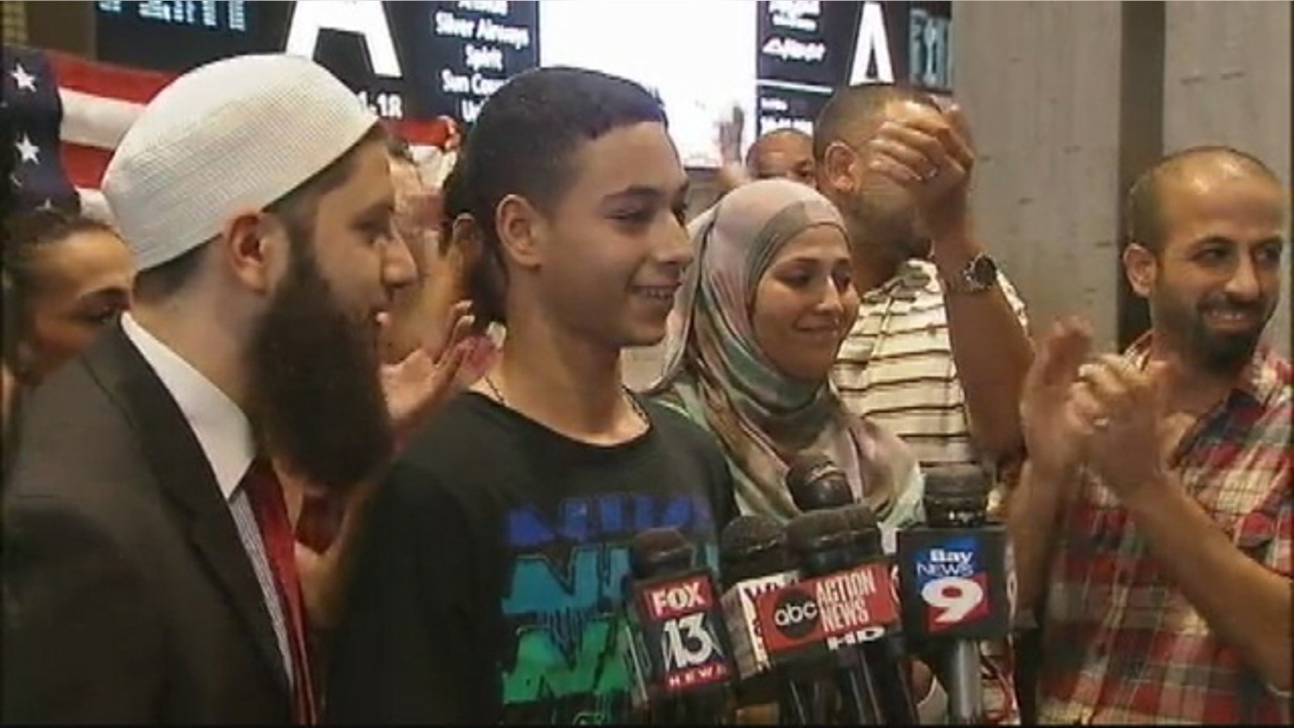 July 16, 2014: Tariq Khdeir addresses the media and supporters at Tampa International Airport after returning from Israel via New York (MyFoxTampaBay.com)