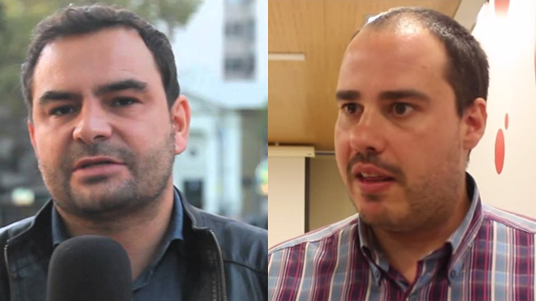 A photo composite of Angel Sastre (R) and Antonio Pampliega (L), two of the three Spanish journalists kidnapped in Aleppo, Syria.