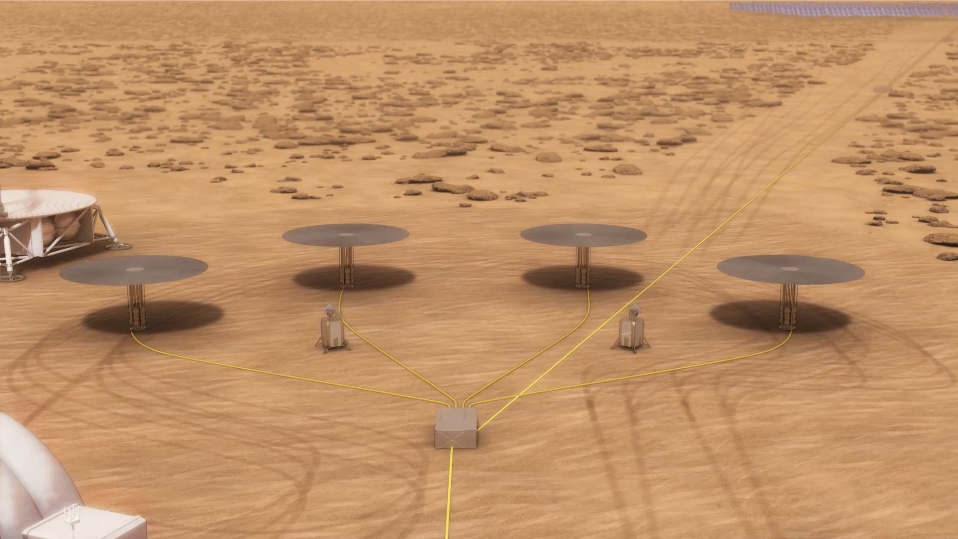 An artist's impression of a nuclear power system, consisting of four separate fission reactors, for Mars habitats.