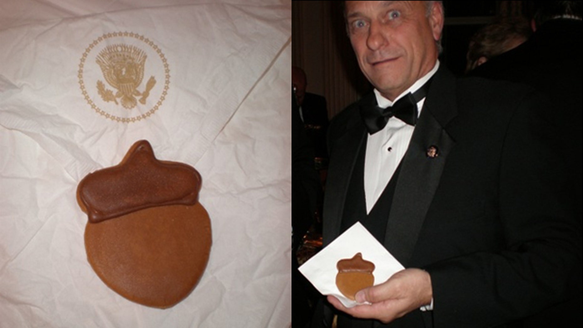 Rep. Steve King brandishes an acorn cookie served at the White House annual Christmas party, Monday, Dec. 7, 2009, (Rep. Steve King)
