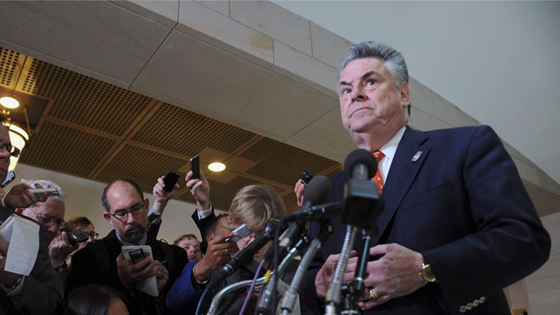FILE: Nov. 16, 2012: Rep. Peter King, R-N.Y., speaks to reporters on Capitol Hill, in Washington. D.C.