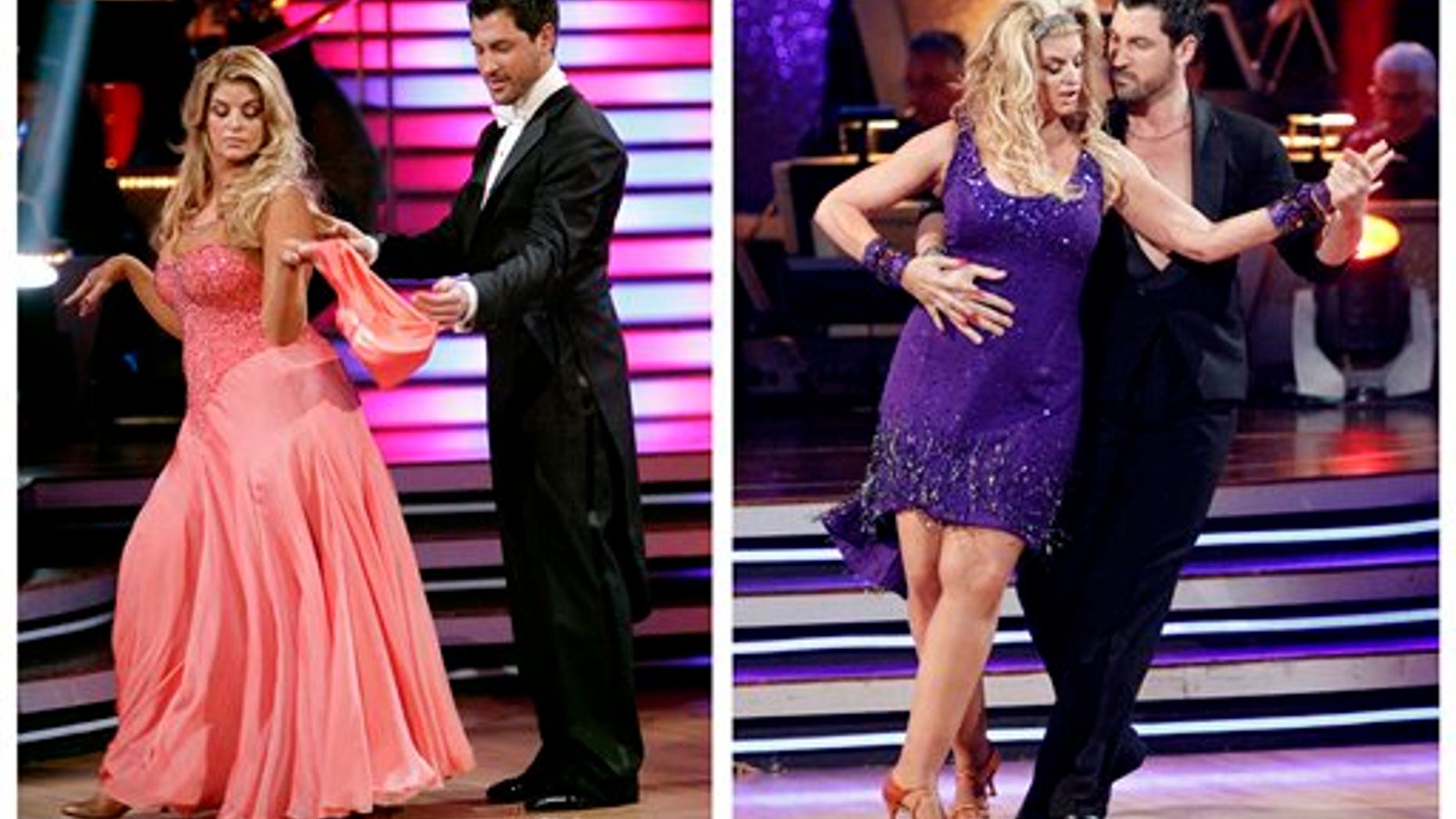 In this photo combination of file images released by ABC, actress Kirstie Alley and her partner Maksim Chmerkovskiy perform on the celebrity dance competition series, "Dancing with the Stars," in Los Angeles, on March 28, 2011, at left, and May 16, 2011, at right.