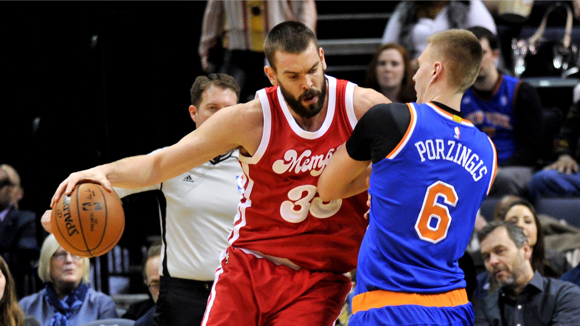 Memphis Grizzlies center Marc Gasol (33) controls the ball against New York Knicks forward Kristaps Porzingis (6) in the first half of an NBA basketball game Saturday, Jan. 16, 2016, in Memphis, Tenn. (AP Photo/Brandon Dill)