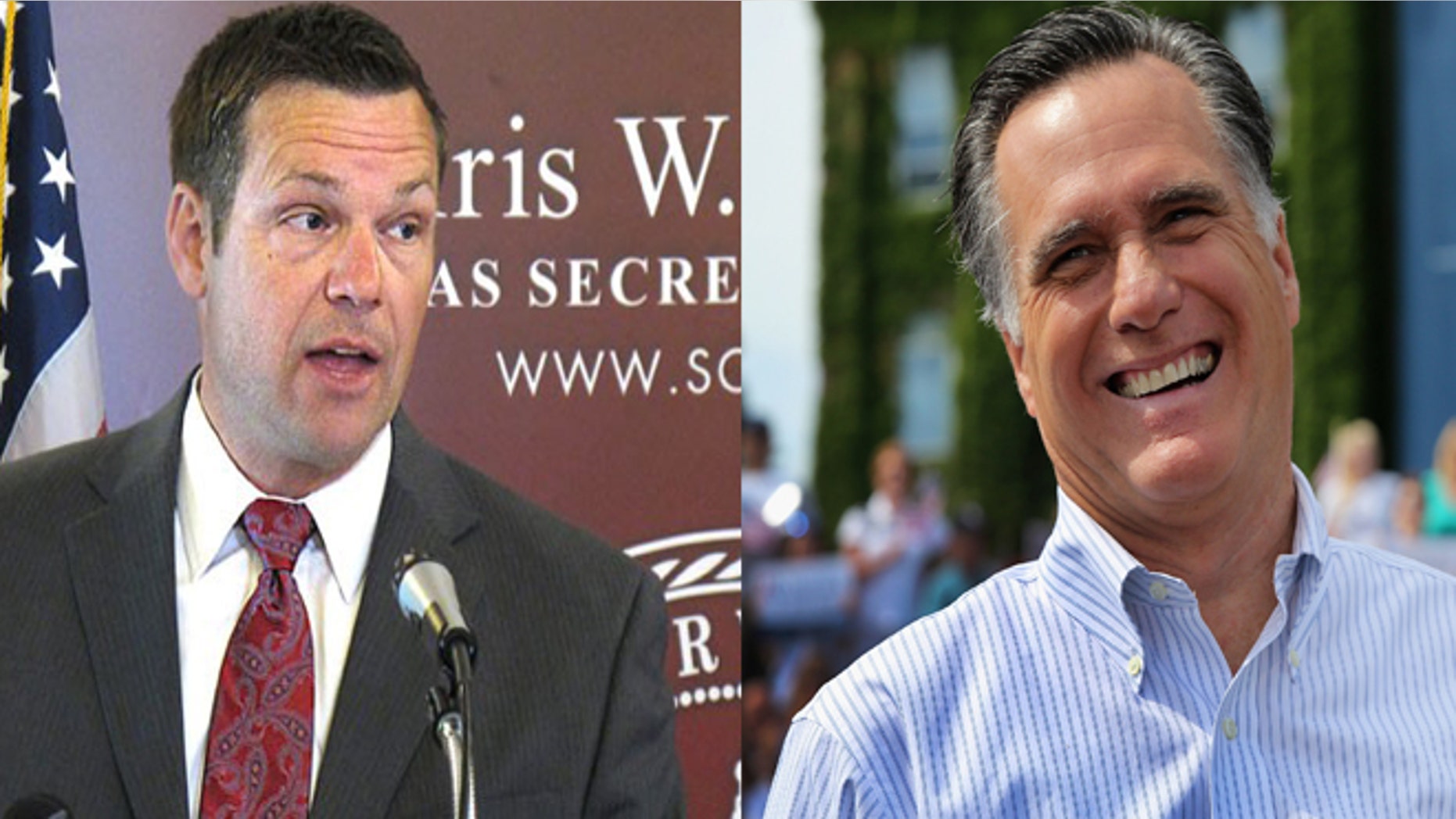 Kansas Secretary of State Kris Kobach, left; presumptive GOP presidential nominee Mitt Romney, right