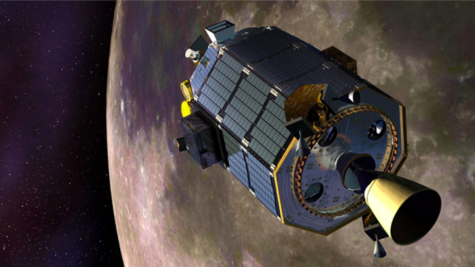 The Lunar Atmosphere and Dust Environment Explorer (LADEE) spacecraft orbits the moon in this artist's rendering.