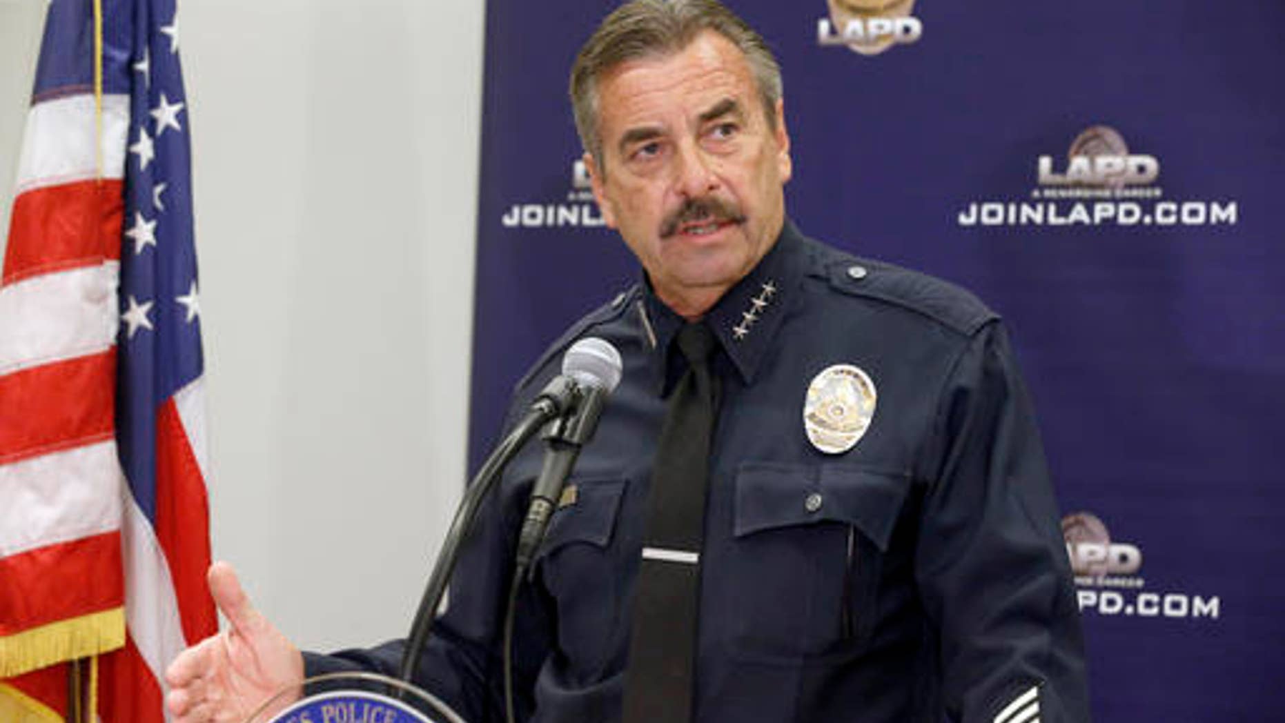 Los Angeles Police Chief Charlie Beck talks during a news conference in Los Angeles, Monday, Oct. 3, 2016.
