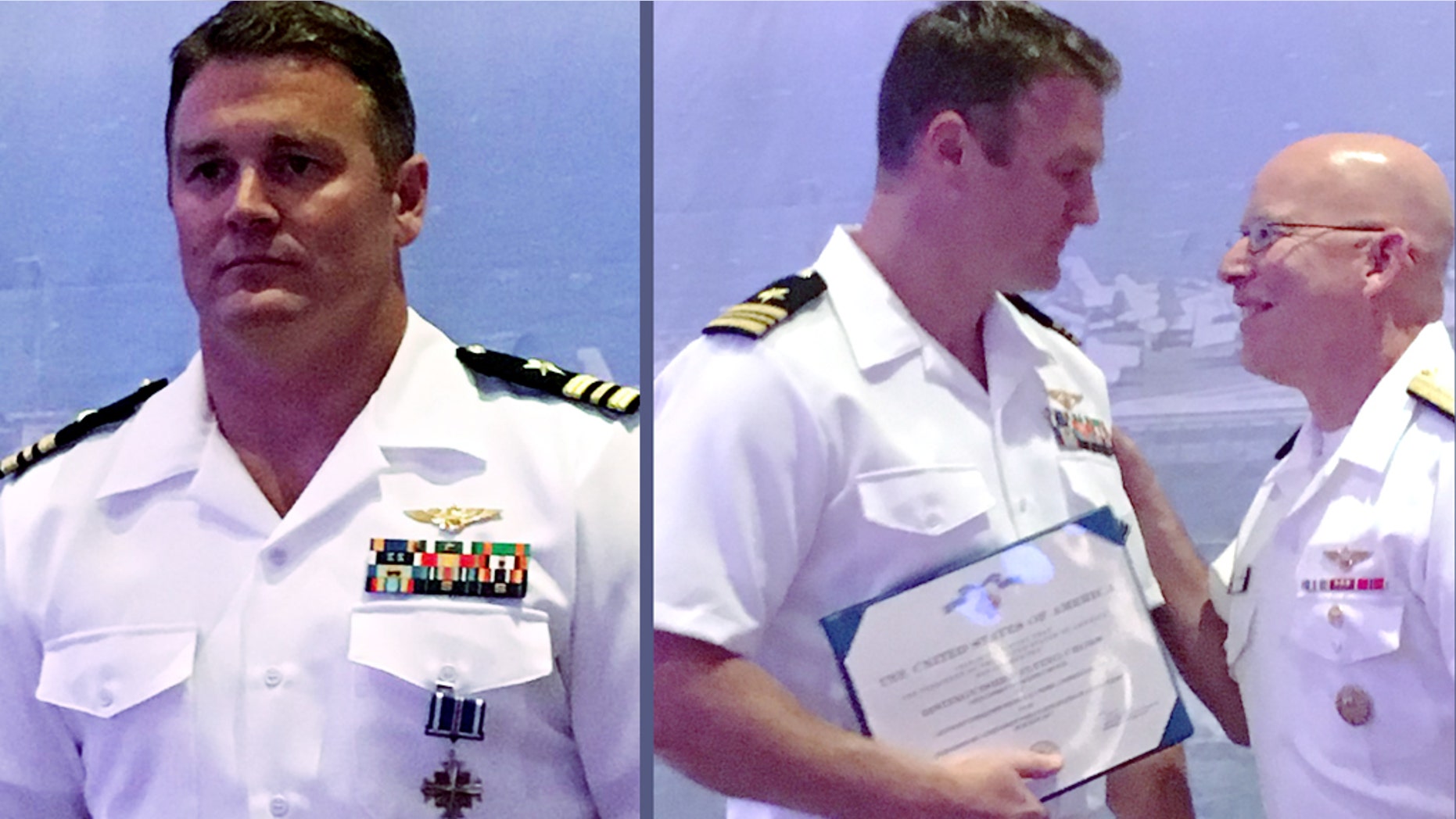 U.S. Navy pilot Lt. Cmdr. Mike “MOB” Tremel, left, received the Distinguished Flying Cross for shooting down a Syrian jet in 2017 — the first air-to-air kill for the U.S. military in 18 years. The award was presented by the head of naval aviation, Vice Admiral DeWolfe Miller III, right, over the weekend. (U.S. Naval Air Force)