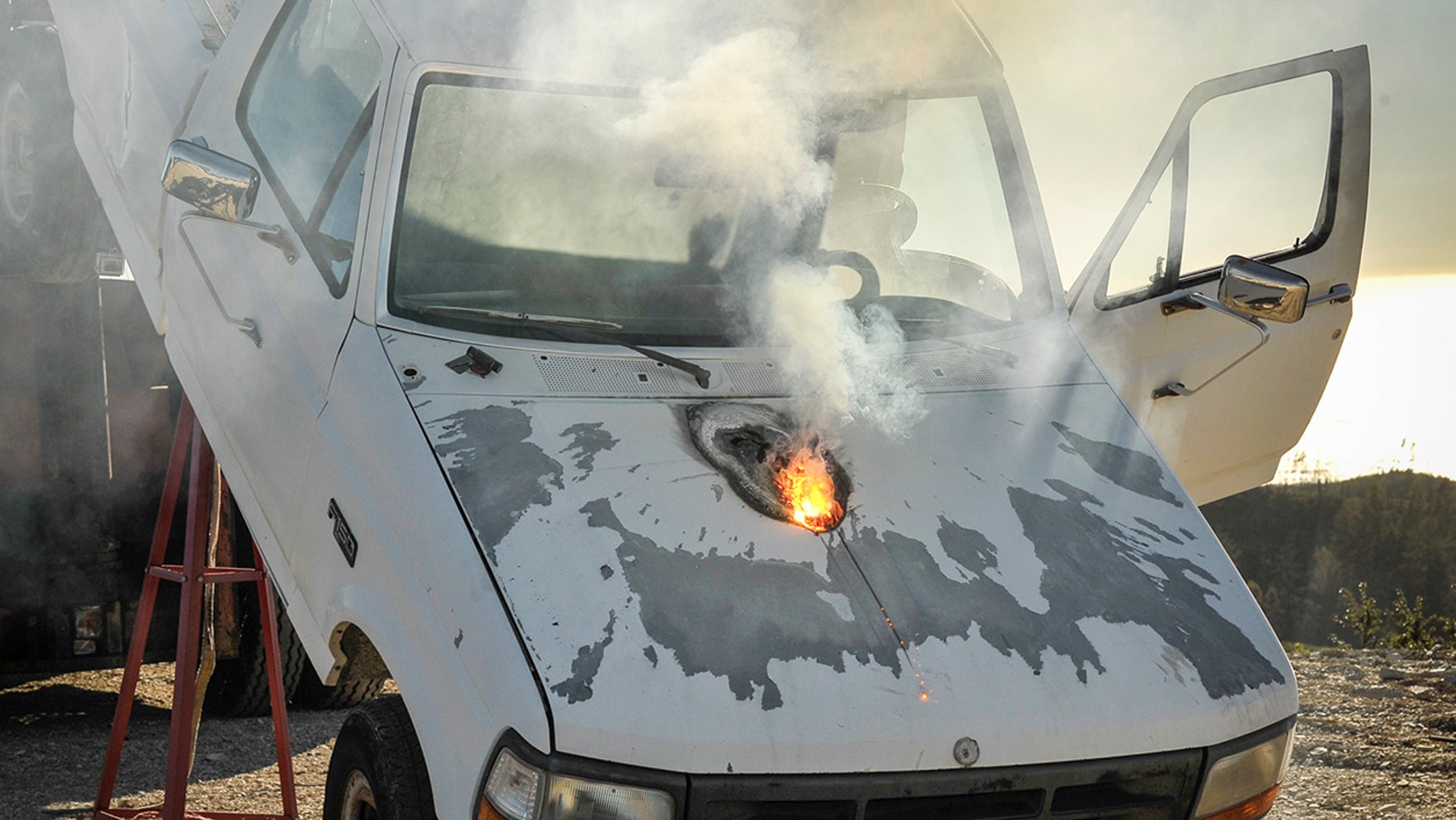 Lockheed Martin ATHENA laser weapon system defeats a truck target by disabling the engine, demonstrating its military effectiveness against enemy ground vehicles.