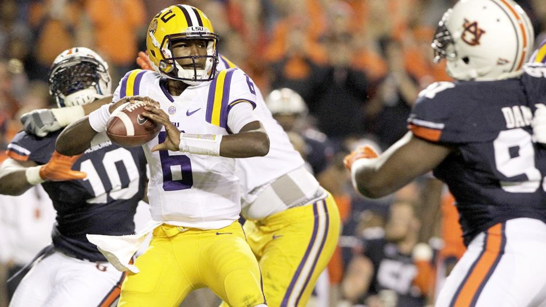 Oct 4, 2014; Auburn, AL, USA; LSU Tigers quarterback Brandon Harris (6) looks for a receiver during the first half against the Auburn Tigers at Jordan Hare Stadium. Mandatory Credit: John Reed-USA TODAY Sports