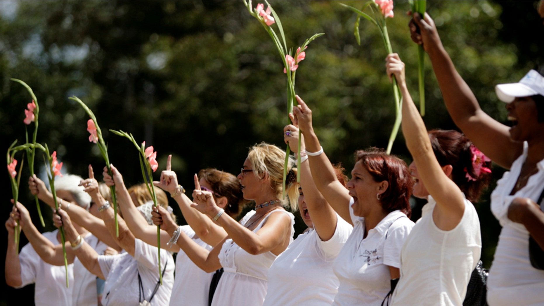 Members of the Ladies in White hold ups flowers as they demonstrate after their weekly march in Havana, Cuba, Sunday, March. 27, 2011. Ladies in White is a group of relatives of Cuban dissidents who were imprisoned. (AP Photo/Javier Galeano)