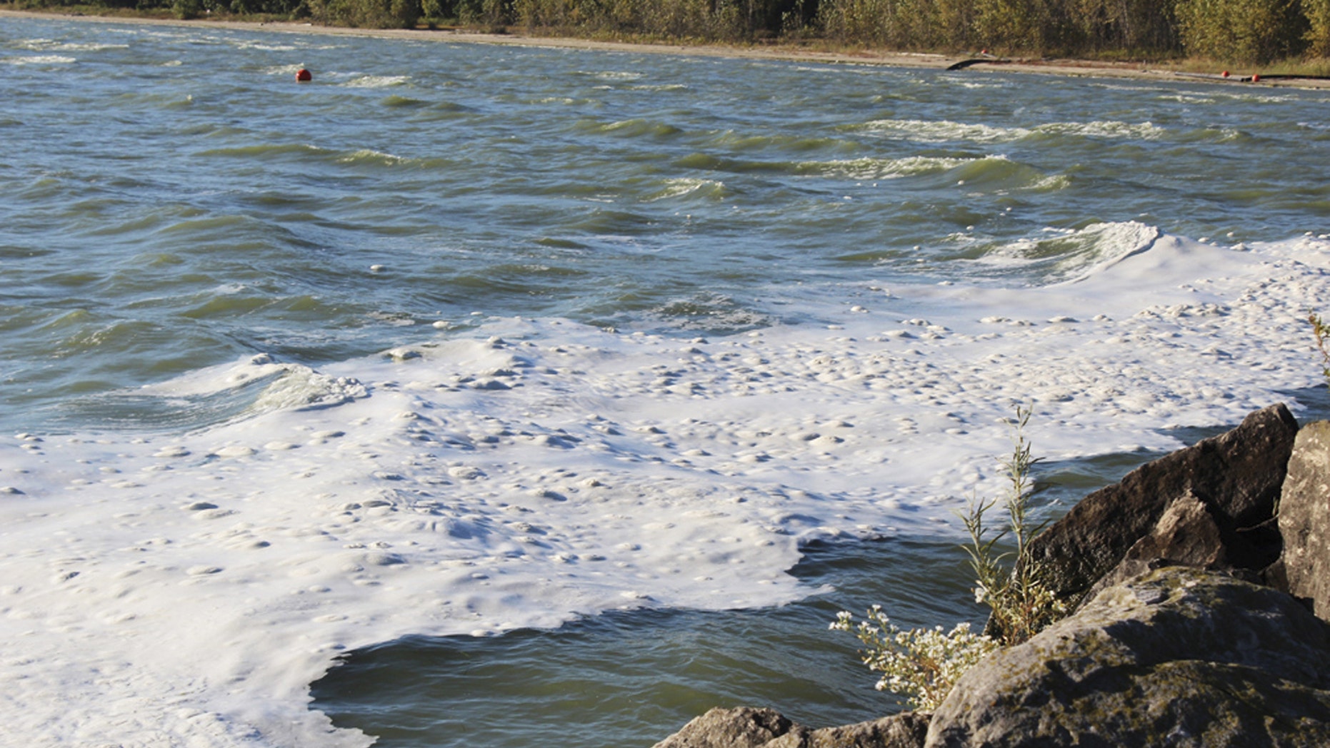 White foam created by a release of chemicals from dying algae blooms on western Lake Erie washes up on the break wall at West Harbor in Port Clinton, Ohio. (AP Photo/The Plain Dealer, D'Arcy Egan)