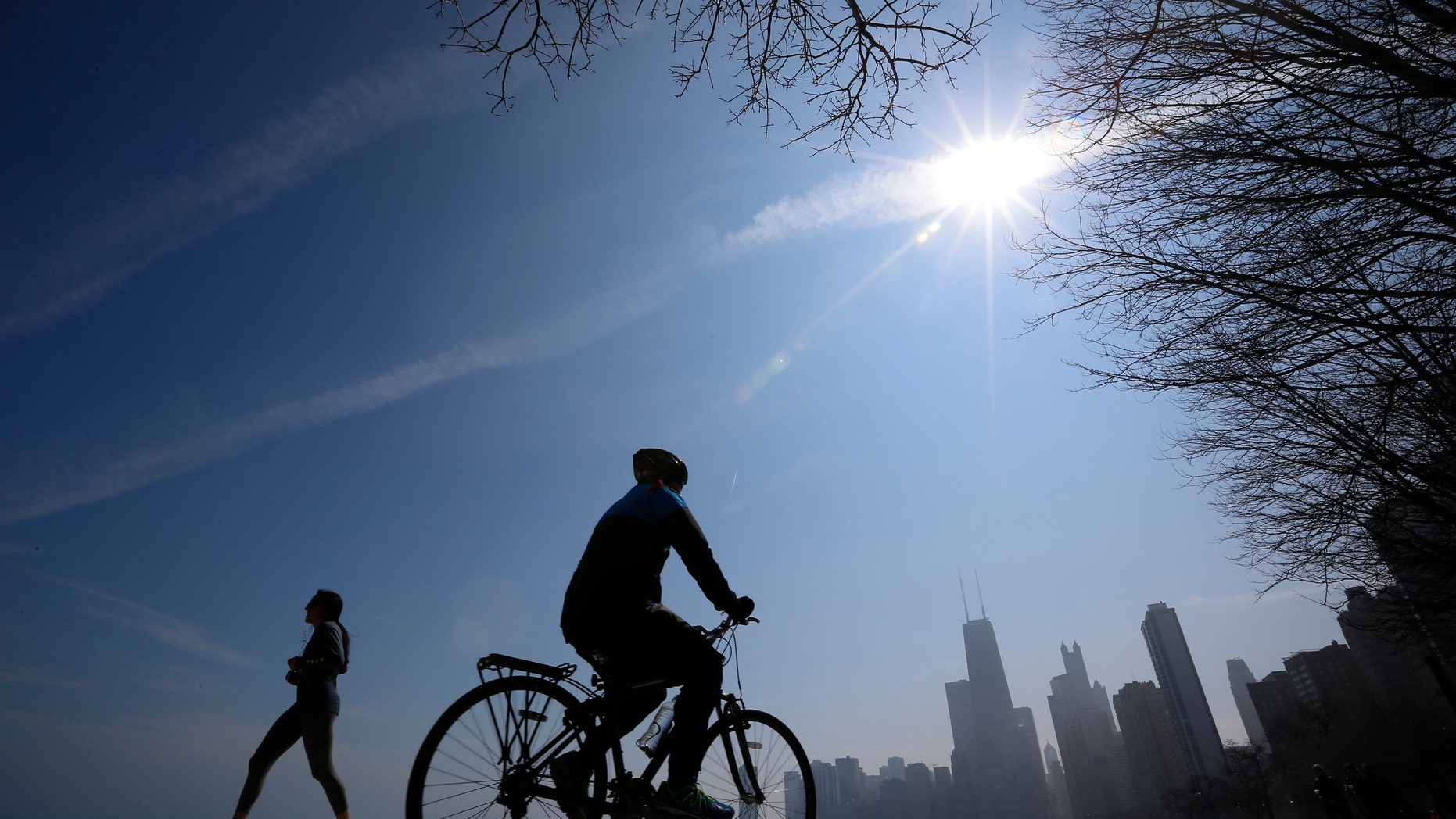 A jogger and a cyclist make their way around Lake Michigan in Chicago, March 21, 2014. (REUTERS/Jim Young)