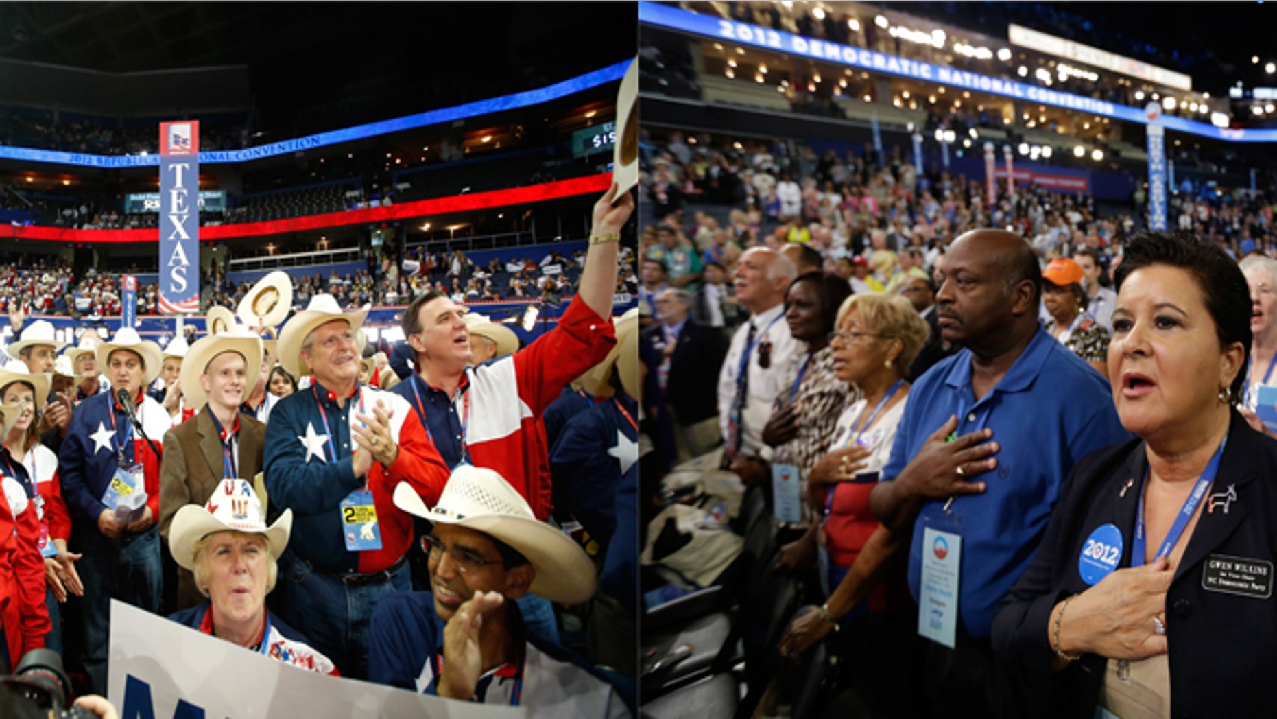 Texas delegates at the Republican National Convention on the left (Getty Images) and delegates at the Democratic Republican National Convention on the right (AP).