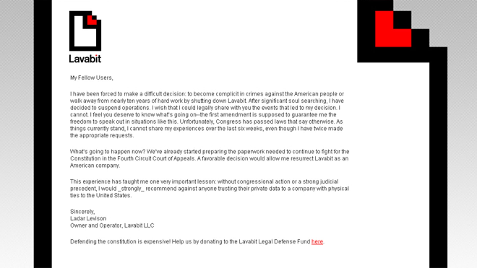 Aug 9, 2013: A screen capture of the front of the Lavabit.com website.