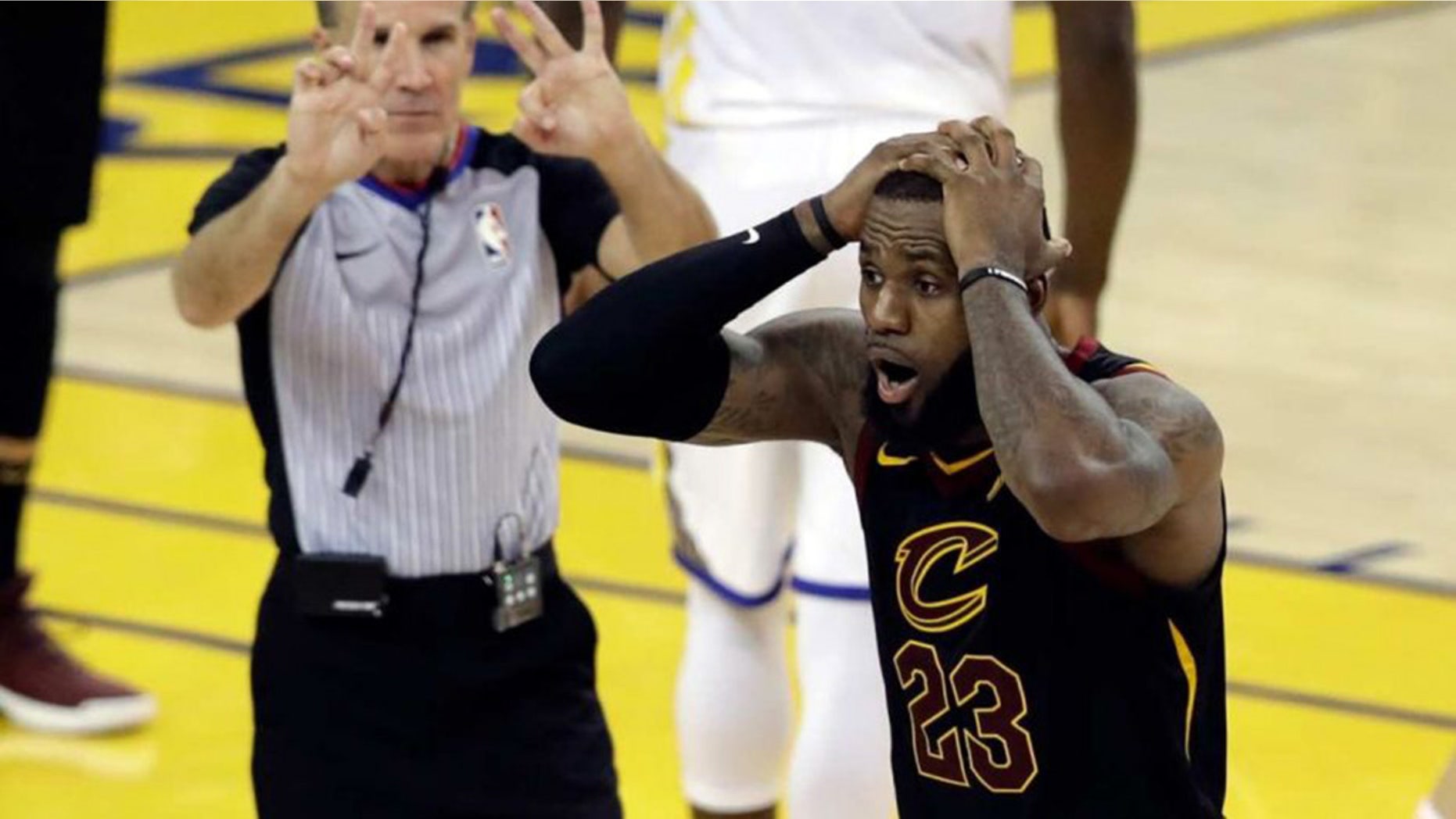Cleveland's LeBron James was in utter disbelief at the end of regulation play in Game 1, as the Cavaliers missed an opportunity to win the game, in Oakland, Calif., May 31, 2018.