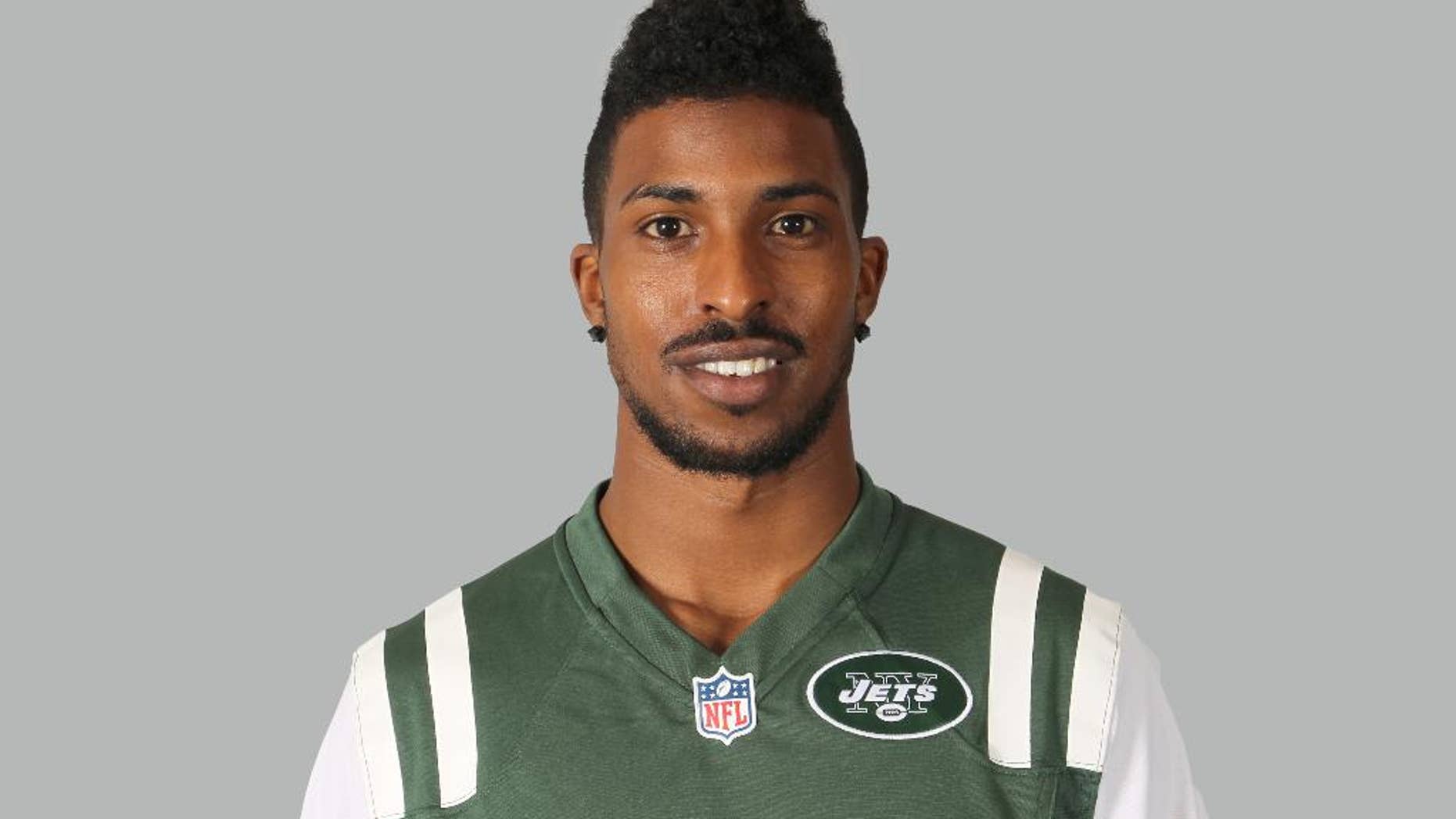FILE - This is a 2014, file photo, showing Jalen Saunders of the New York Jets NFL football team. Saunders was involved in a single-car accident early Friday, Aug. 15, 2014, and hospitalized. The team announced Saunders, a fourth-round pick, was on his way to the Jets' practice facility at the time of the accident. There was no immediate word on Saunders' condition, but the Jets say he won't travel with the team for their preseason game at Cincinnati on Saturday night. (AP Photo/File)