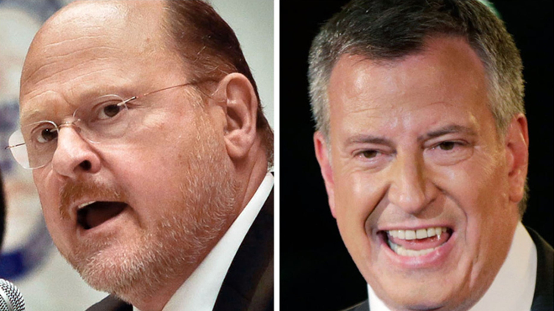 This combination of Associated Press file photos shows, left, an Aug. 6, 2013, file photo, of New York Republican mayoral hopeful Joe Lhota, and right a Sept. 10, 2013, file photo of New York City Democratic mayoral hopeful Bill de Blasio. (AP Photo/File)