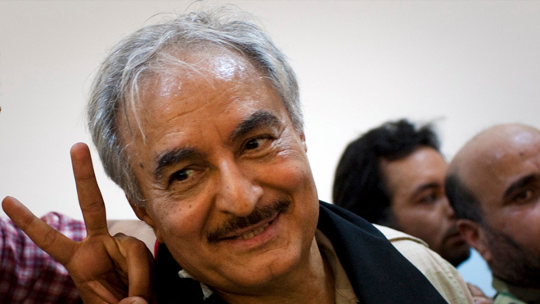 March 18, 2011: Then-Libyan senior Rebel commander Khalifa Hifter at a press conference in Benghazi, Libya.
