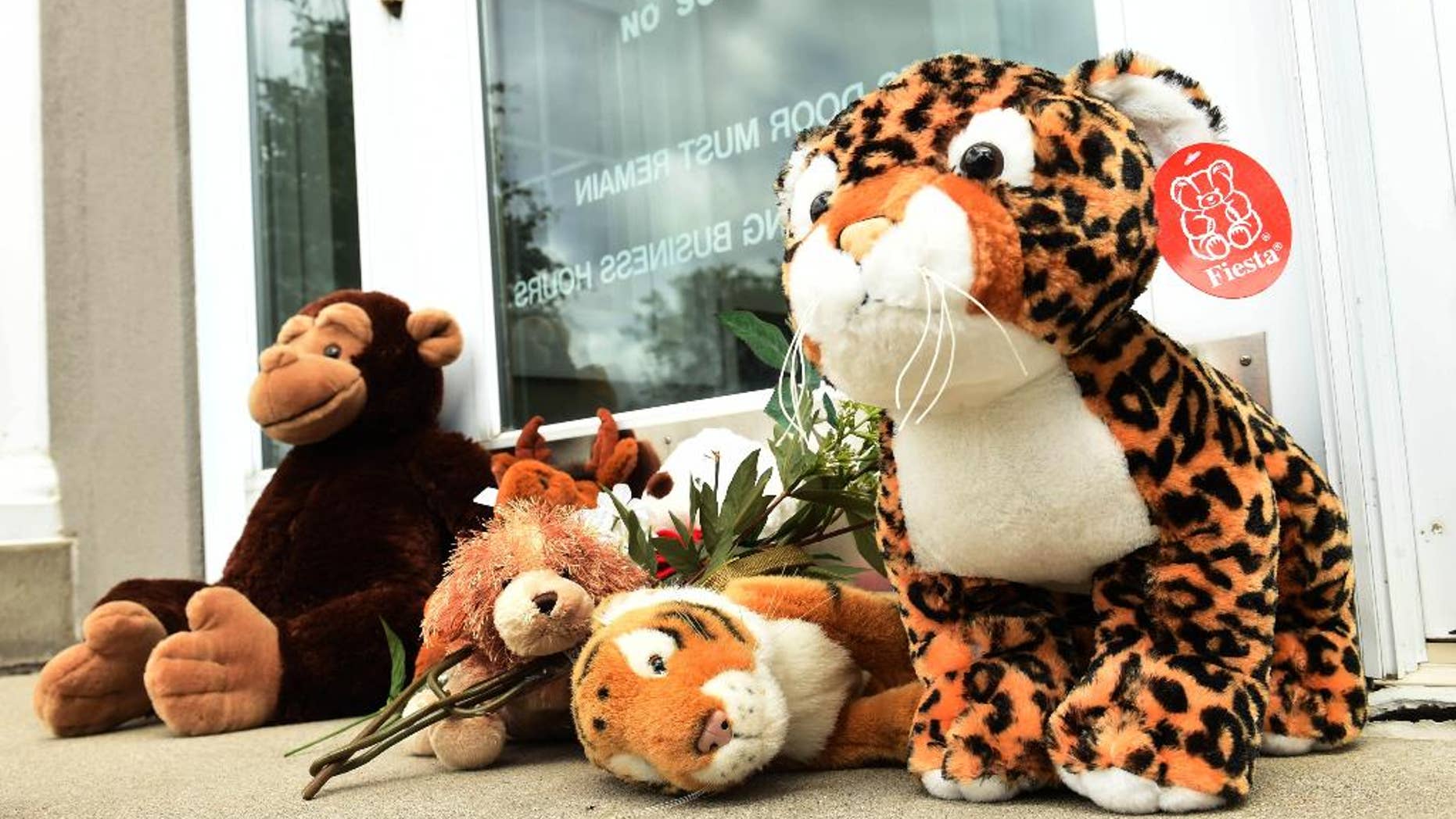 Stuffed animals adorn the doorstep of Dr. Walter Palmer's River Bluff Dental office in Bloomington, Minn.