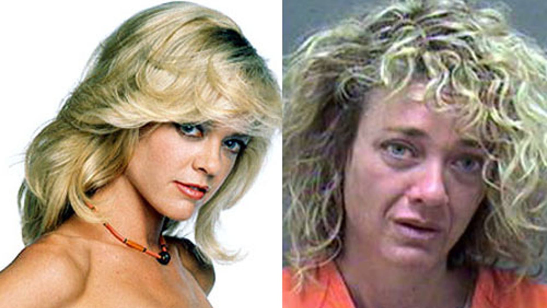 Lisa Robin Kelly in her "That 70's Show" days and in her mugshot, right.