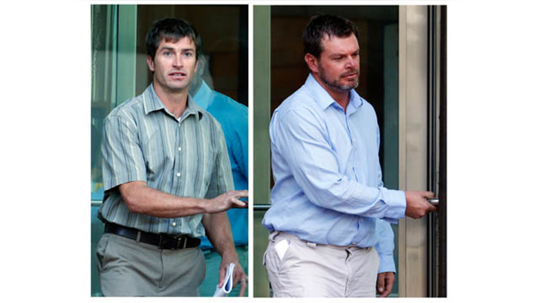 FILE - These combination Sept. 26, 2013 file photos, show Ryan Jensen, left and Eric Jensen leaving federal court in Denver, Colo., after a hearing on federal charges of introducing adulterated food into interstate commerce. (AP Photo)