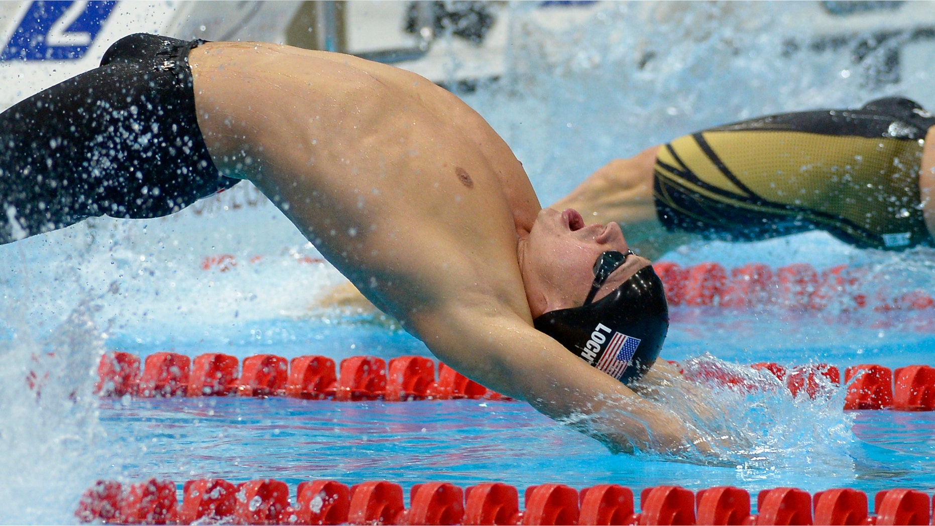 United States' Ryan Lochte competes in a men's 200-meter backstroke swimming semifinal at the Aquatics Centre in the Olympic Park during the 2012 Summer Olympics in London, Wednesday, Aug. 1, 2012. (AP Photo/Mark J. Terrill)