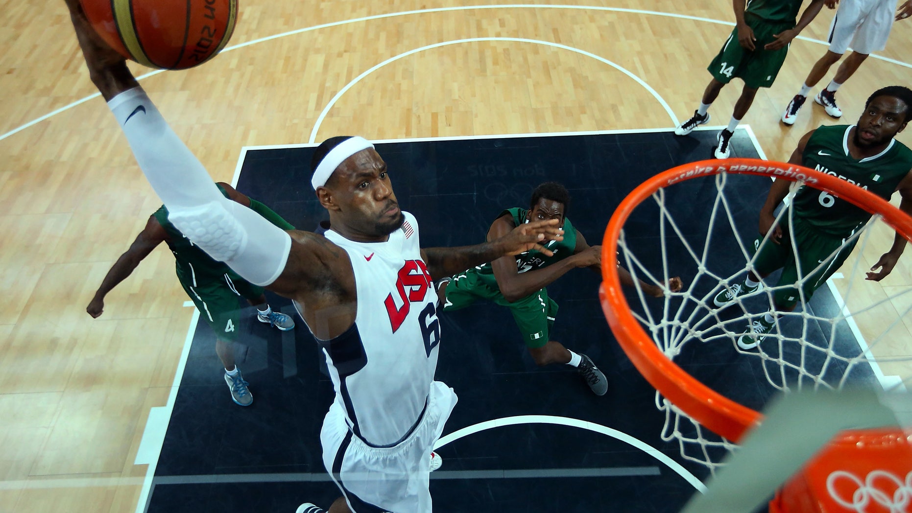 Aug. 2, 2012: Lebron James (6) of the United States shoots against Nigeria during a men's basketball preliminary round match at the 2012 Summer Olympics in London.