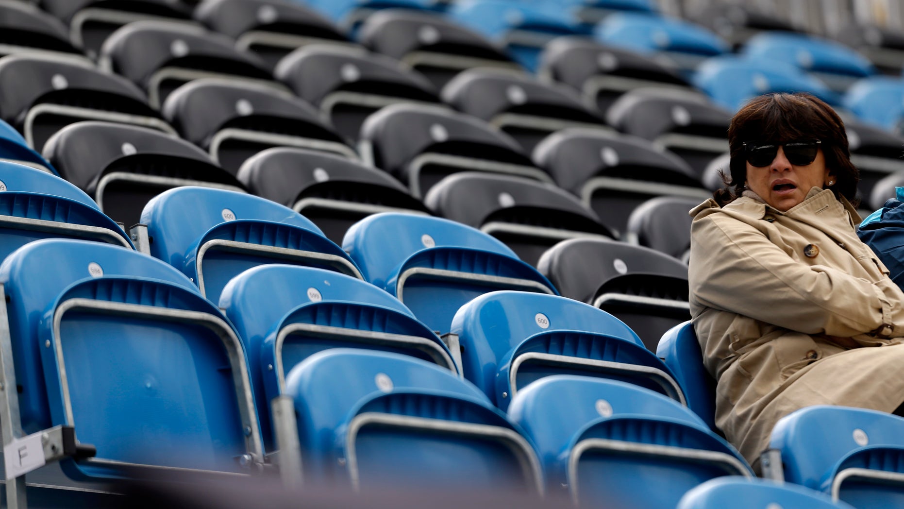 A spectator sits next to a section of empty seats during the equestrian eventing dressage phase at the 2012 Summer Olympics, Sunday, July 29, 2012, in London. (AP Photo/David Goldman)