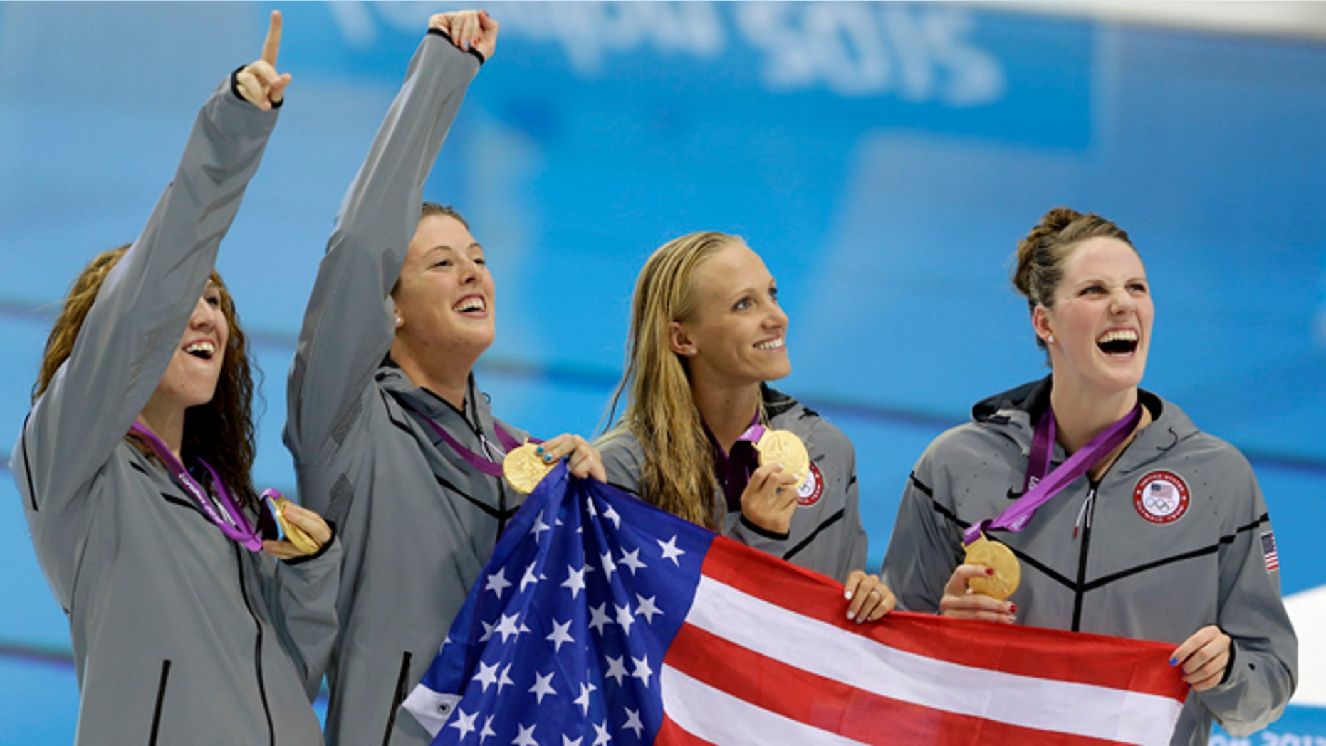 Aug. 1, 2012: From right, United States' Missy Franklin, United States' Dana Vollmer, United States' Allison Schmitt and United States' Shannon Vreeland pose with their gold medals for the women's 4x200-meter freestyle relay swimming final at the Aquatics Centre in the Olympic Park during the 2012 Summer Olympics in London.
