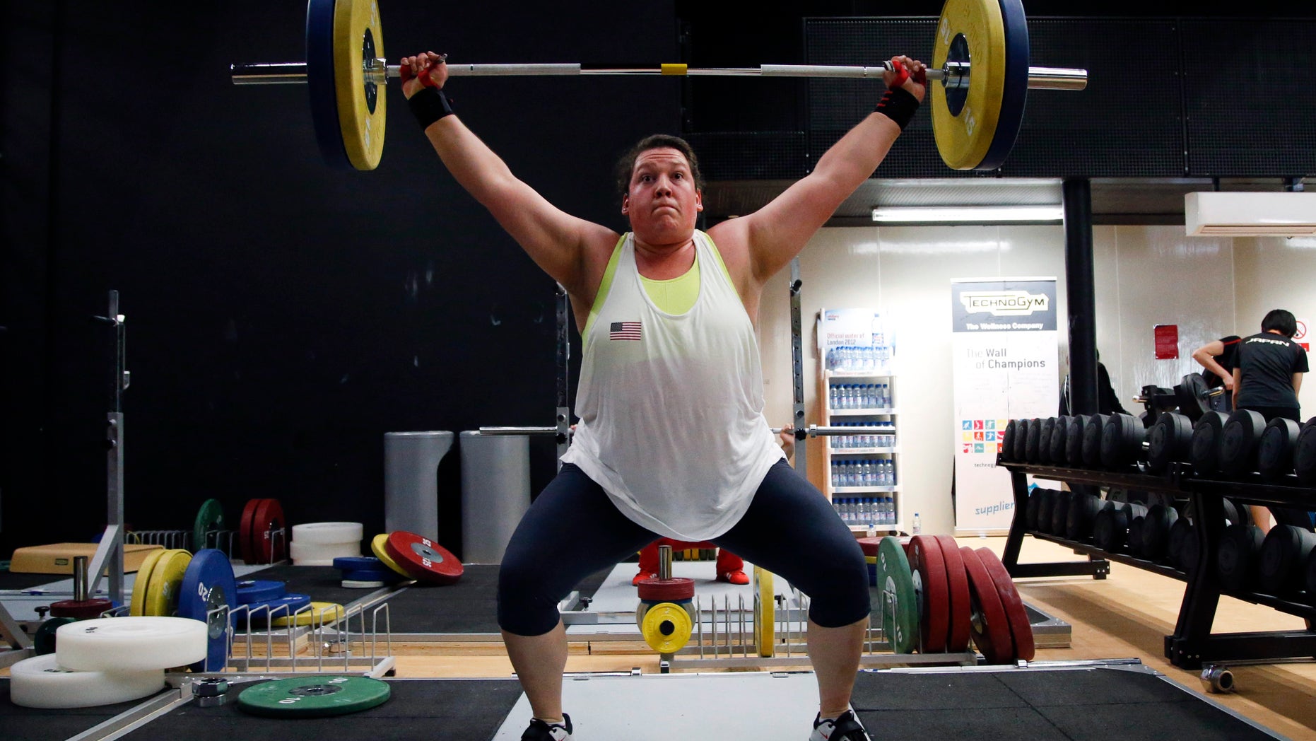 United States weightlifter Sarah Robles trains at the Athletes' Village in the Olympic Park during the 2012 Summer Olympics, London, Friday, Aug. 3, 2012. (AP Photo/Jae C. Hong)