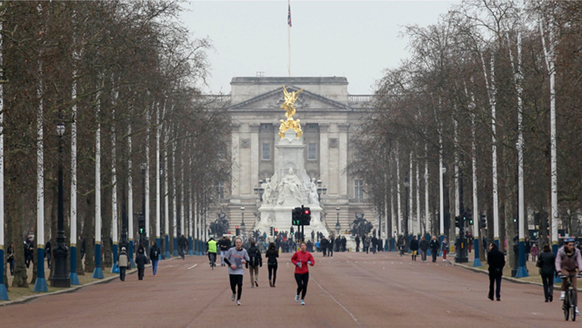 Jan. 29: People jog down the Mall from Buckingham Palace in London.