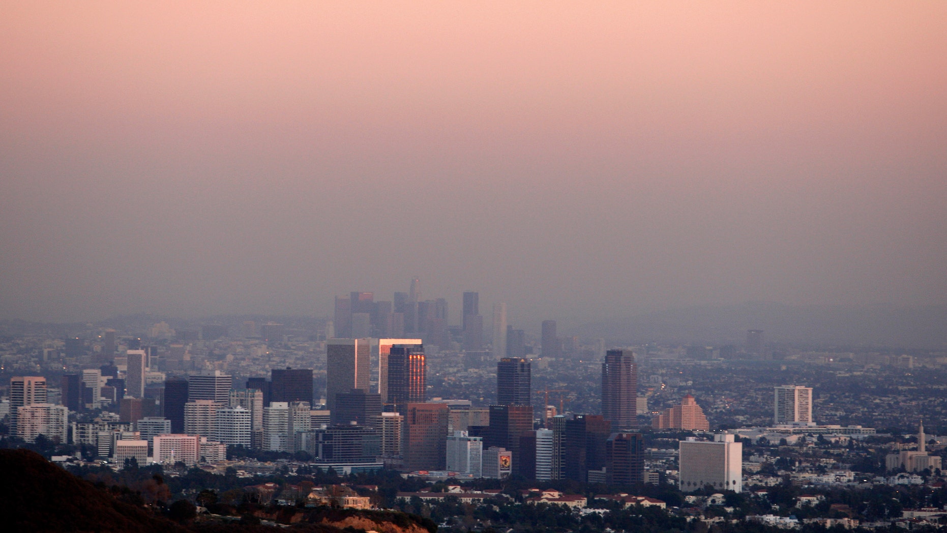 Century City and downtown Los Angeles are seen through the smog.