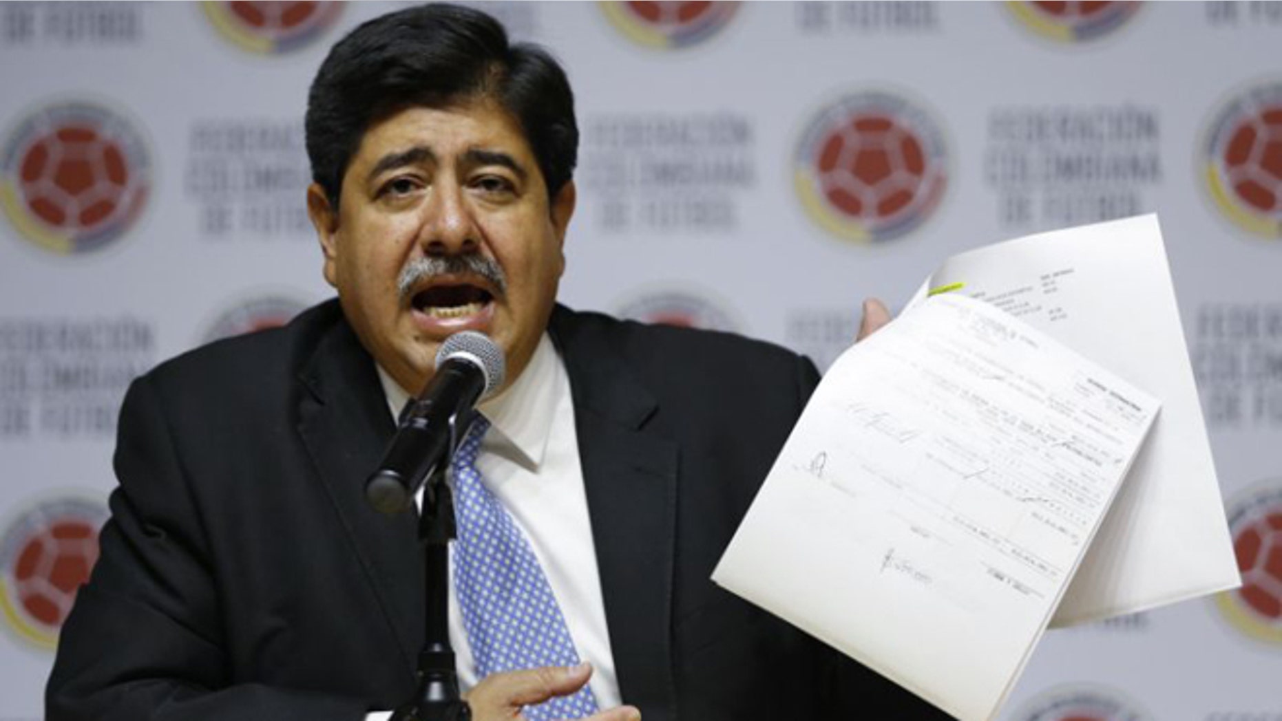 Luis Bedoya, president of Colombia's Football Federation, at the federation's headquarters in Bogota, Colombia, on Monday, Nov. 9, 2015. (AP Photo/Fernando Vergara, File)