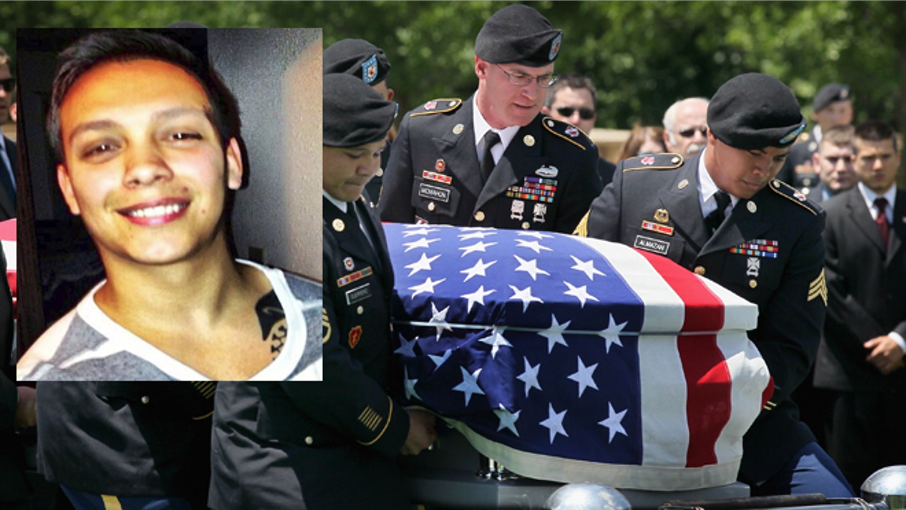 A photo composite of a photo of Sgt. Luis Jimenez over a funeral service for a fallen army soldier.