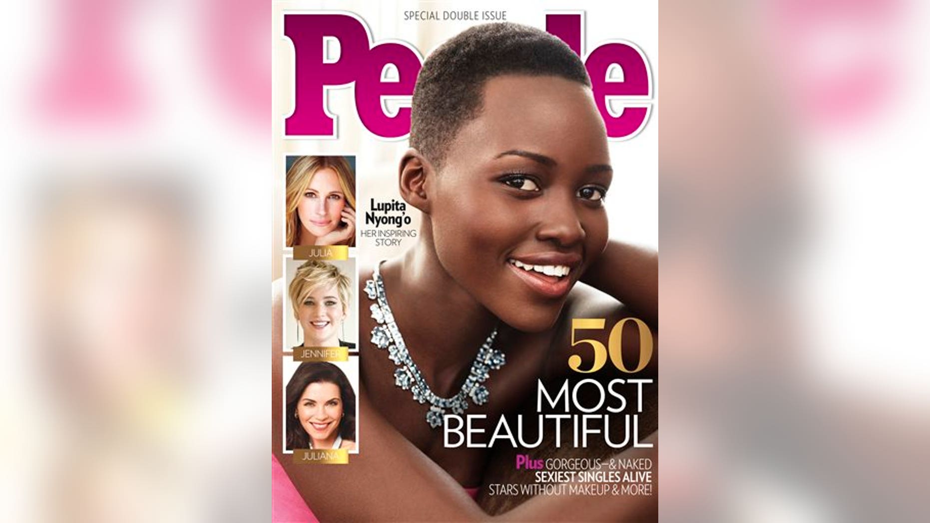 This image provided by People magazine shows the cover of its special "World's Most Beautiful" issue, featuring Lupita Nyong'o. The 31-year-old actress, who won a best supporting actress Oscar for her role in "12 Years a Slave," tops the magazine's list, announced Wednesday, April 23, 2014. (AP Photo/People)
