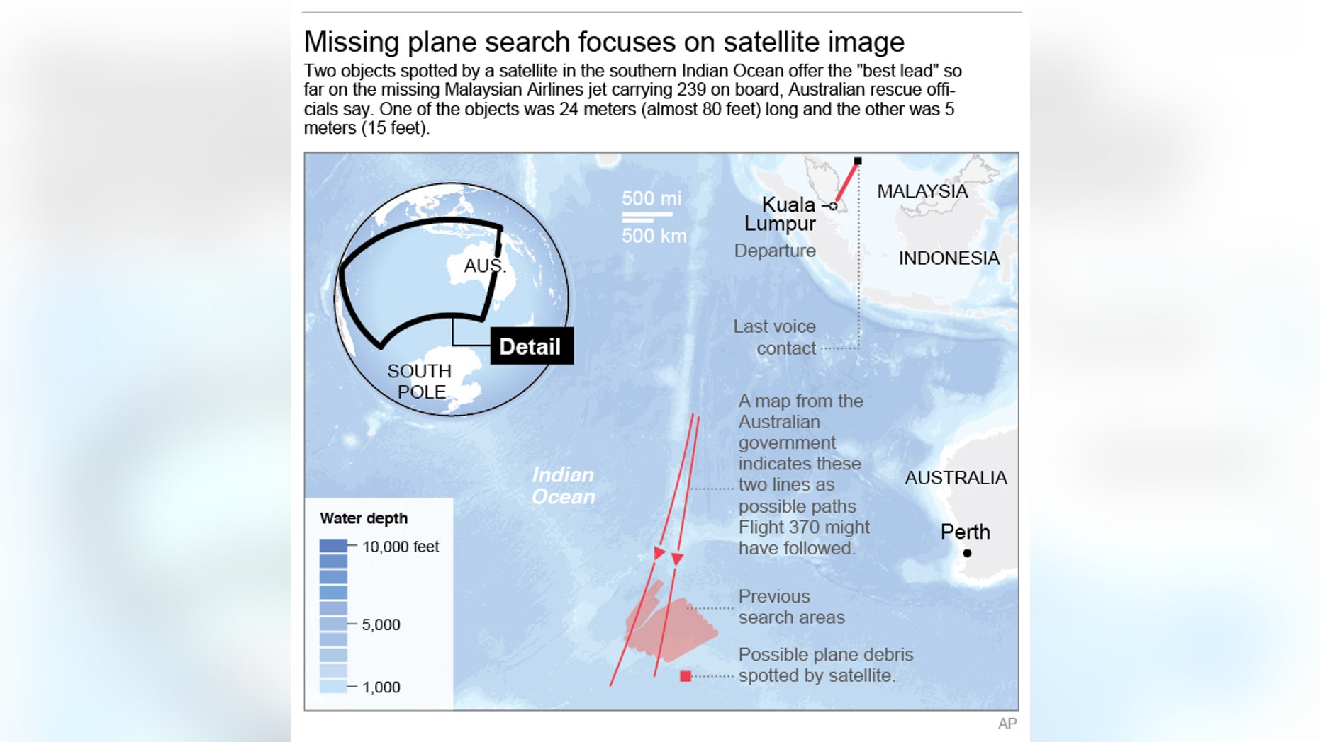 Map shows search areas for missing Malaysia Airlines missing jet.; 3c x 5 inches; 146 mm x 127 mm;