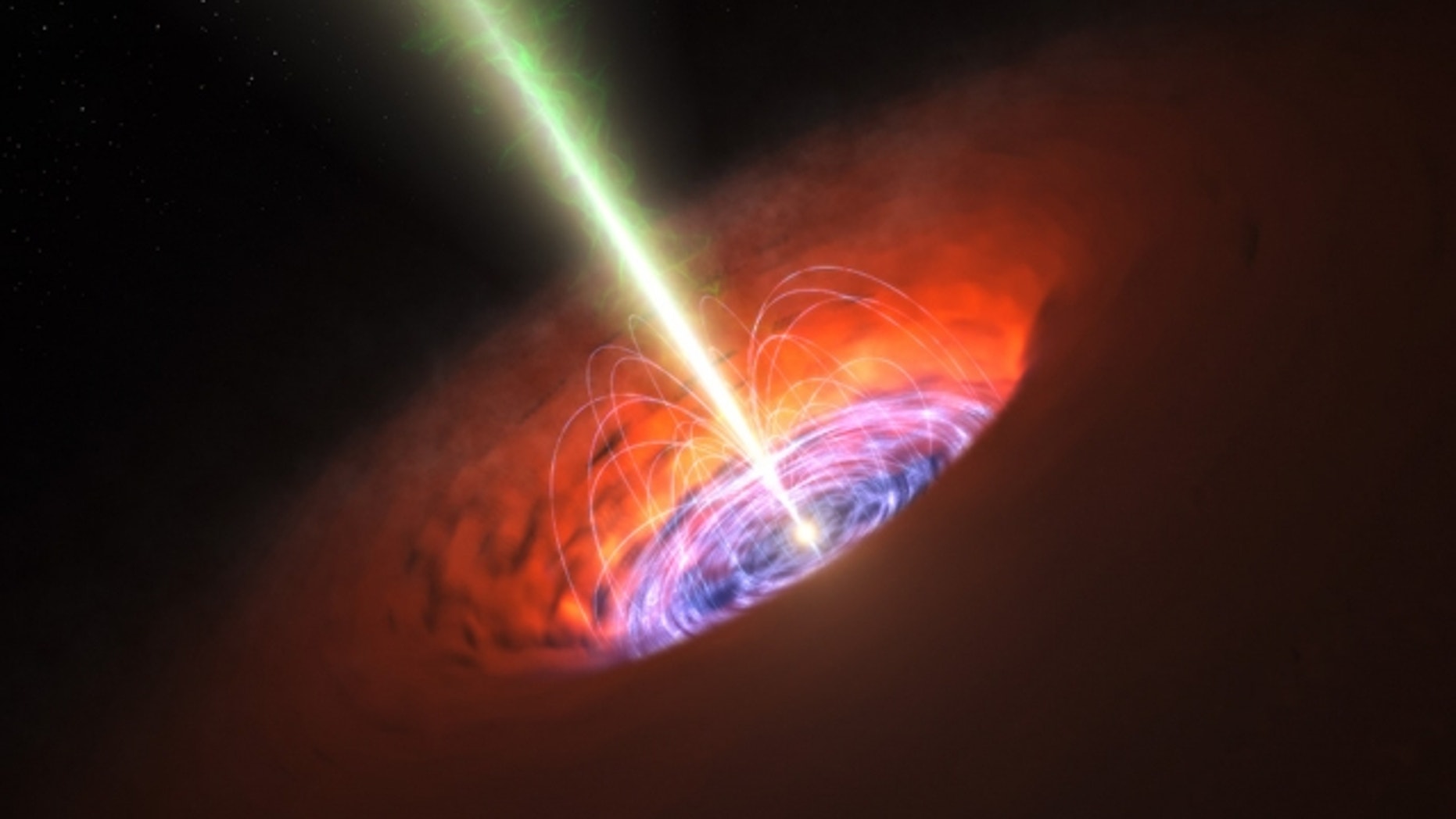 An artist's impression of the material falling into a black hole and the resulting jet it produced.