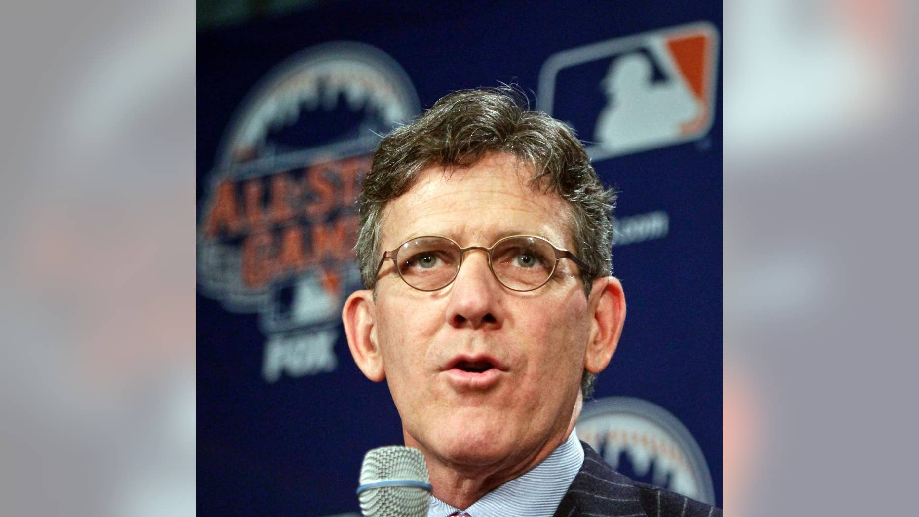 FILE - In this April 24, 2013, file photo, Major League Baseball Executive Vice President Tim Brosnan speaks during a news conference in New York. Brosnan will leave at the end of January. Brosnan was one of three candidates in August to become baseball's next commissioner, but he withdrew just before the start of balloting when it became apparent he likely had just one vote. Brosnan thanks outgoing Commissioner Bud Selig and MLB owners in a release from the league Wednesday, Dec. 3, 2014. (AP Photo/Bebeto Matthews, File)