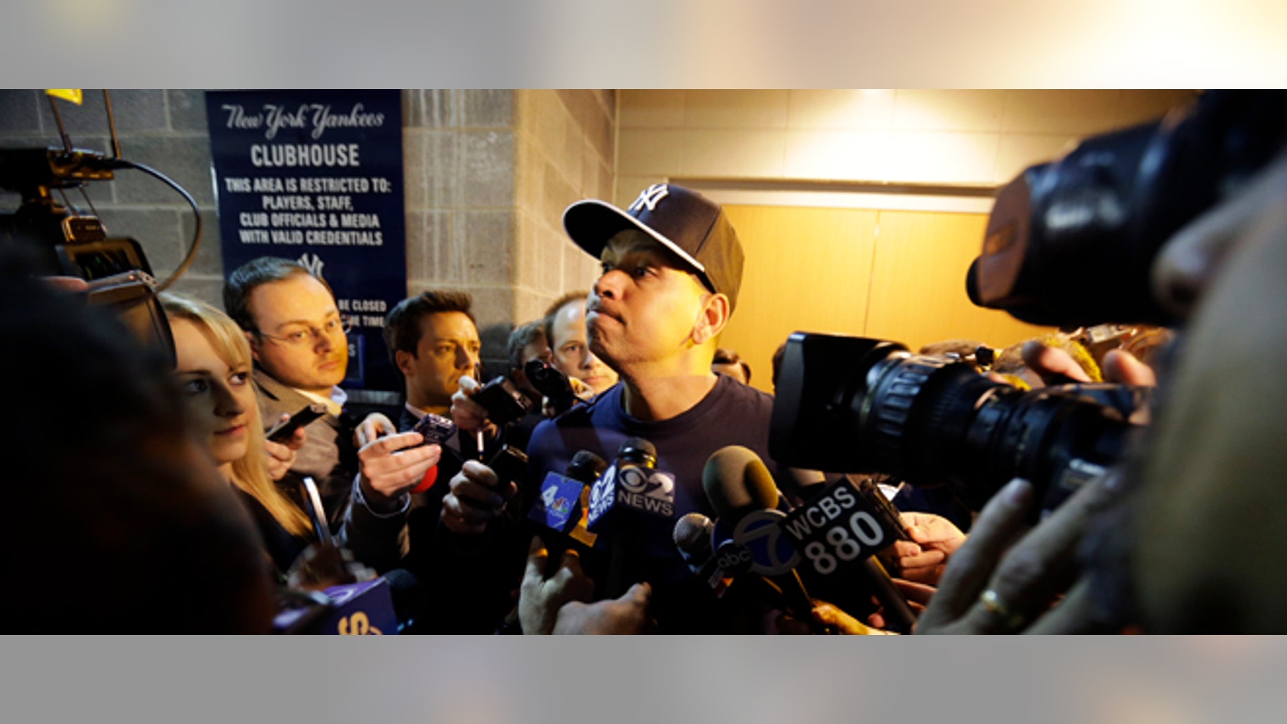 New York Yankees' Alex Rodriguez listens to a question form the media before an opening day a baseball game against the Boston Red Sox, Monday, April 1, 2013, in New York. (AP Photo/Matt Slocum)