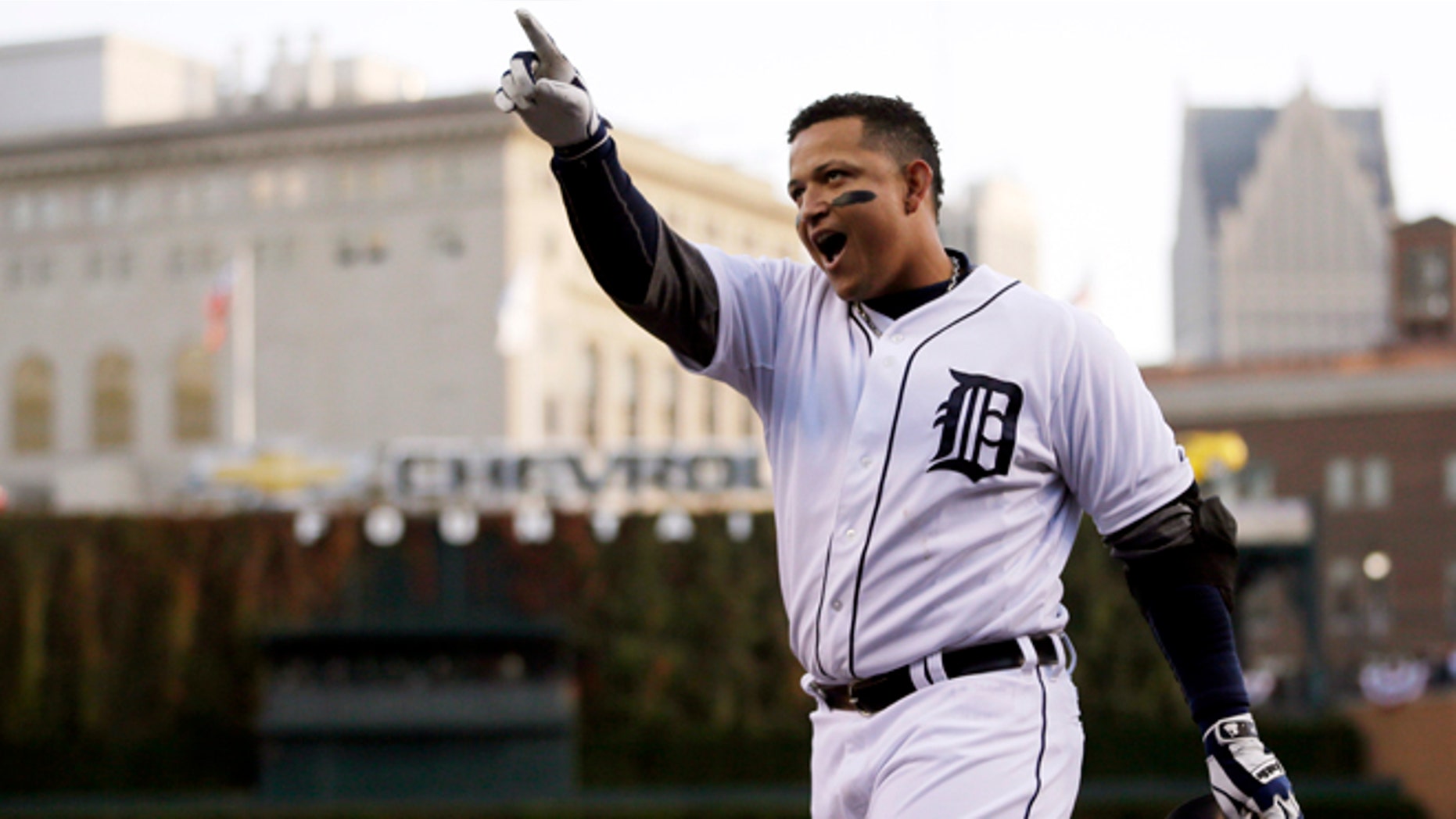 Oct. 18, 2012: In this file photo, Detroit Tigers' Miguel Cabrera celebrates after hitting a two-run home run during the fourth inning of Game 4 of the American League championship series against the New York Yankees in Detroit.
